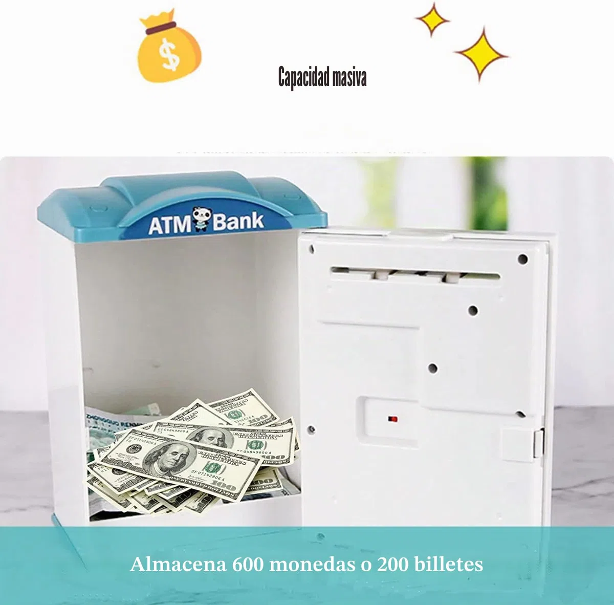 Hucha Infantil Niños, Alcancía con Huellas Dactilares y Bloqueo de Contraseña, Mini Caja Fuerte Electrónica para Cajero Automático Bancos, Juguete de Regalo de Cumpleaños (Azul)