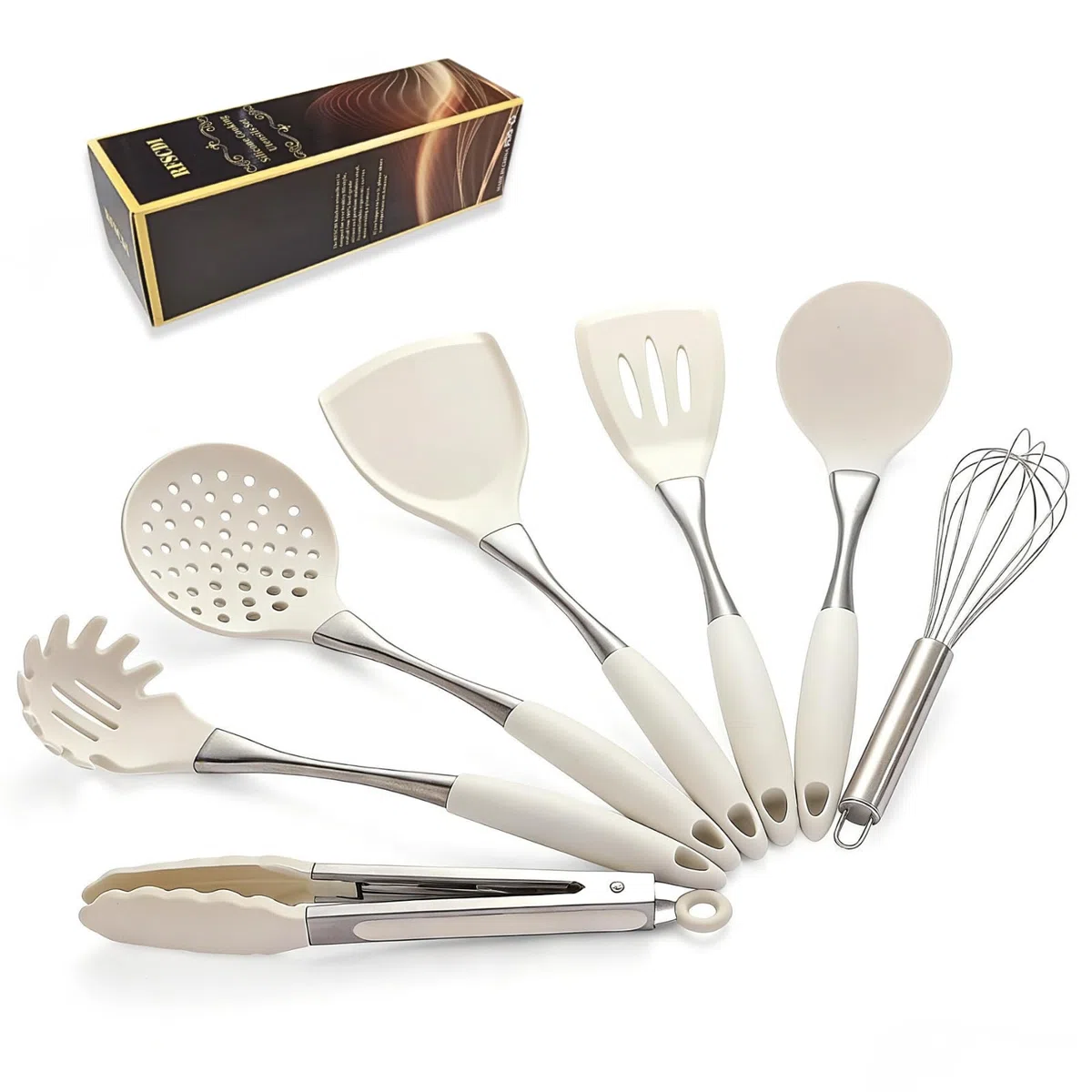 Set de utensilios de cocina de silicona con mango de acero inoxidable, utensilios de cocina de silicona con mango de acero inoxidable, apto para lavavajillas, resistente al calor, juego de utensilios