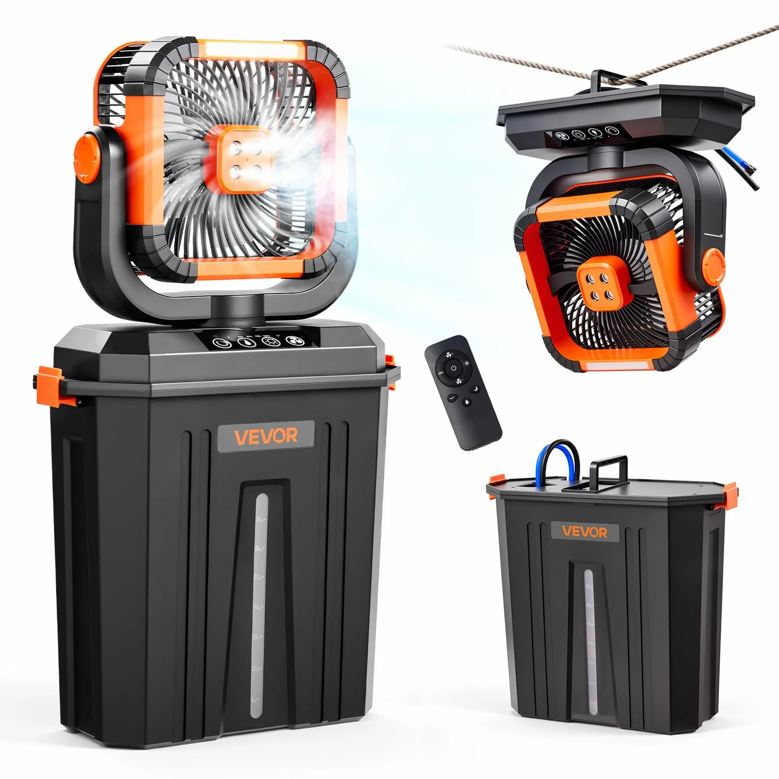 VEVOR Ventilador Nebulizador de Agua Motor de 2400 RPM, Ventilador Humidificador con Tanque de Agua de 12 L, Batería de 20.000 mAh, 4 Velocidades de Viento, 3 Modos de Iluminación, para Camping