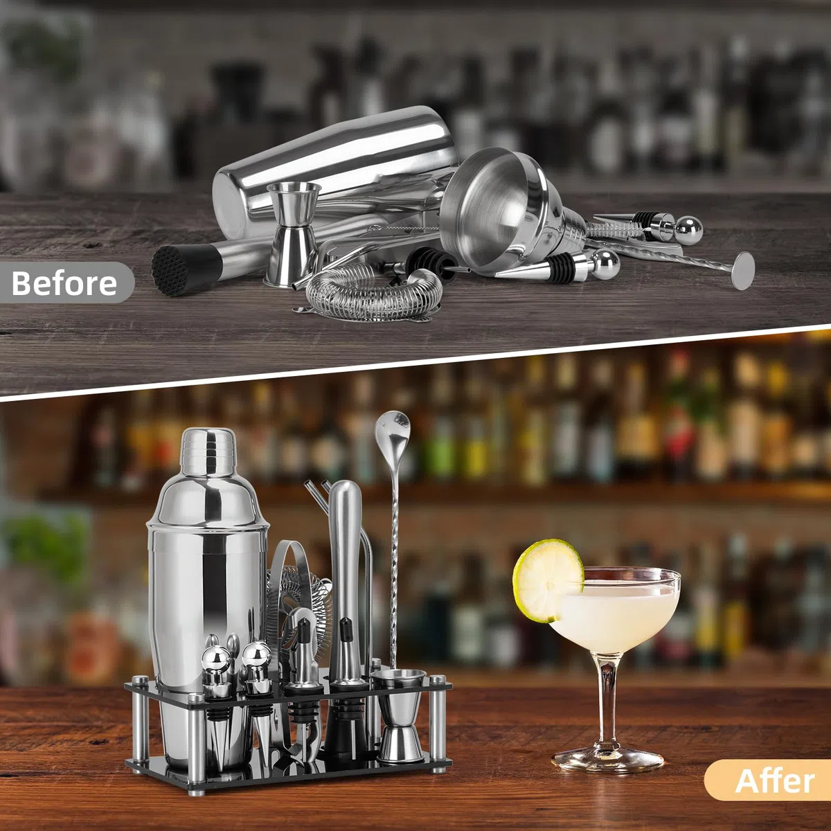 Cinnani 750ML Juego de Coctelera con Soporte,15 Piezas Juego de Coctéles de Acero Inoxidable,Set Cocteleria Profesional,Cocktail Kit,Bartender Set de Cóctel de Acero Inoxidable,Kit Cocktail de Barman
