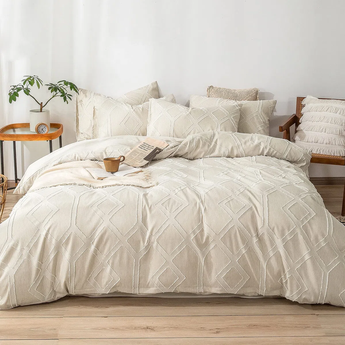Funda Nordica Jacquard Cama 135/150 Bordado Shabby Chic, Juego de Fundas Nórdicas Bohemio Color Sólido 100% Microfibra Suave Funda Edredon 220x240 cm y 2 x Fundas de Almohada de 51x72 cm, Crudo
