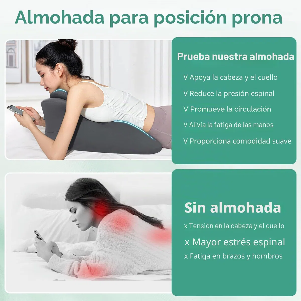 Almohada en Forma de Cuña Ergonómica - Almohada para Dormir Boca Abajo y Leer en la Cama, Alivia el Dolor de Espalda y Brinda Soporte al Sentarse, Soporte Lumbar y Cervical con Funda Removible