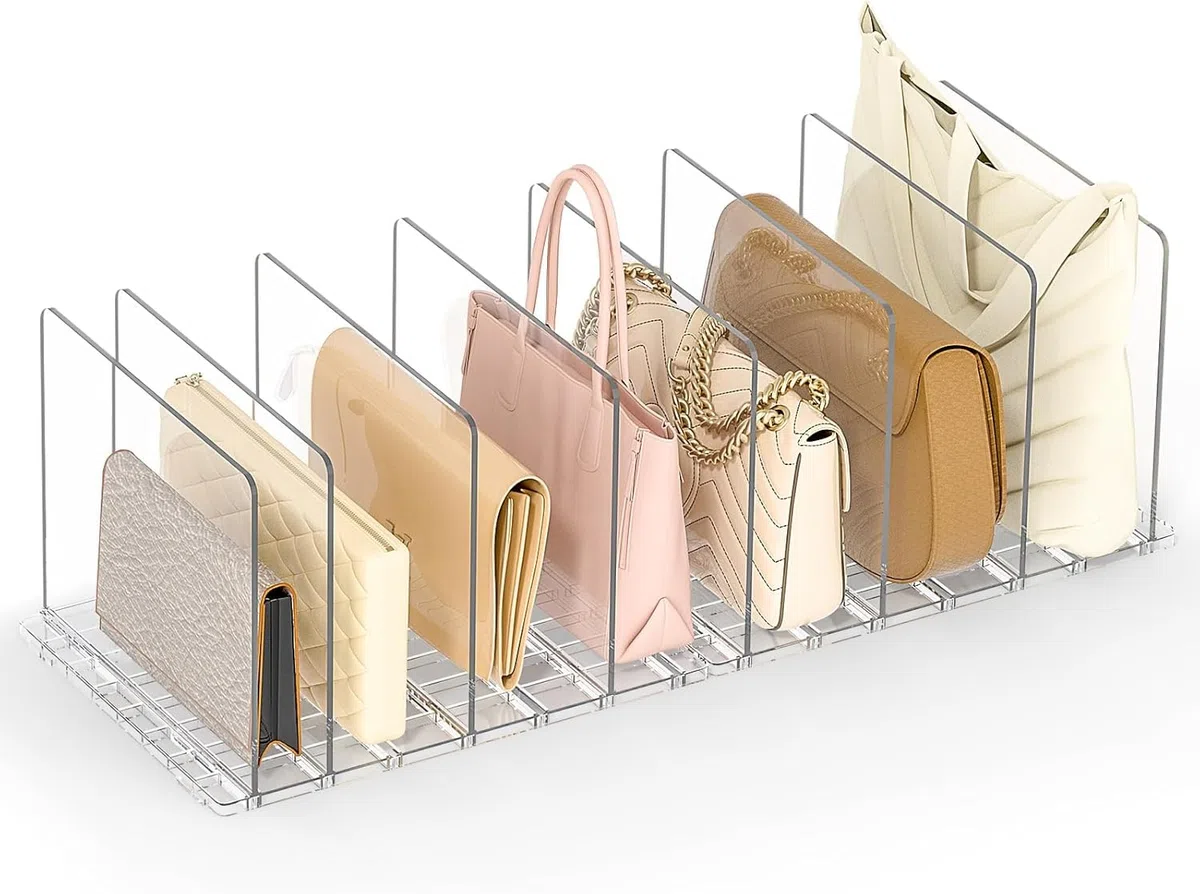 Set de 10 Separadores de Bolsos, Organizador de Bolsos de Plástico, Adjustable Separador Bolsos para Almacenaje Armario Estantes con Base Ranurada y Divisores para cocina, armario, baño