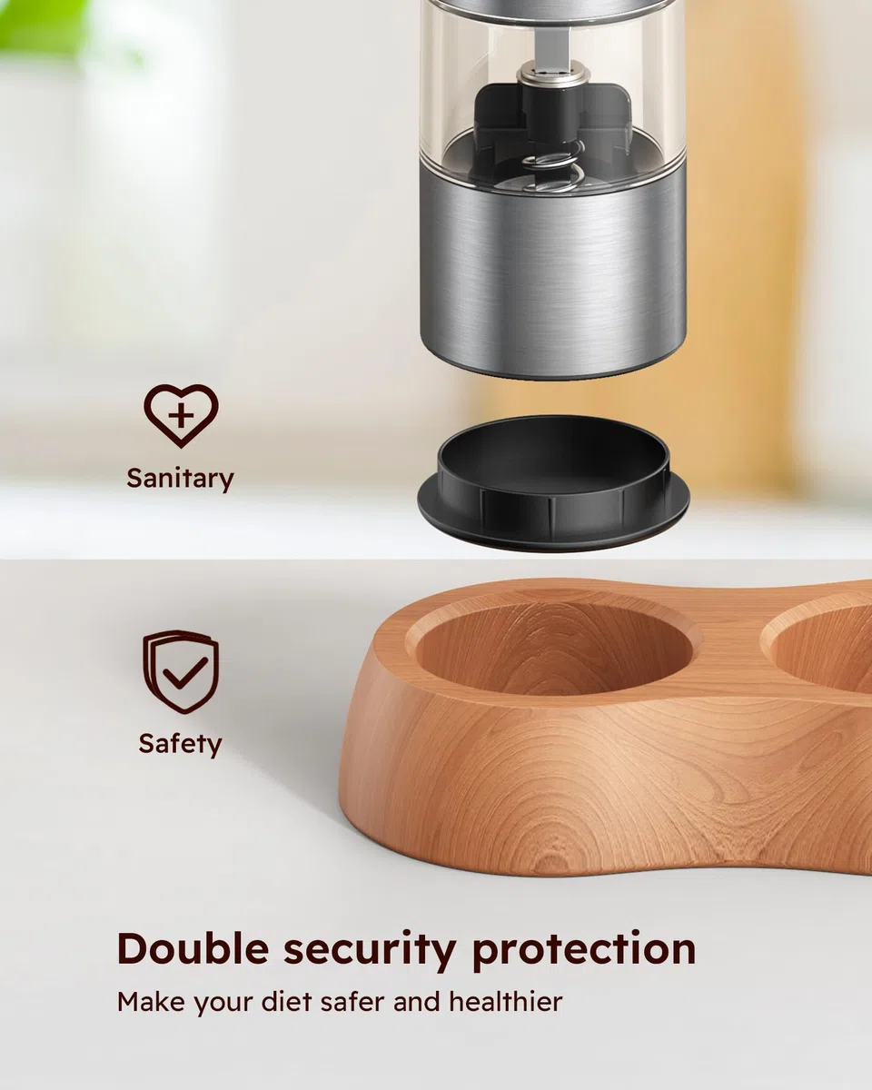 Sangcon Mini Molinillo Eléctrico de Sal y Pimienta con Base de Madera, Recargable USB, Pequeño Molinillo Pimienta Automático, para Viajes/Barbacoa/Niños, Control con un Botón (Acero Inoxidable)
