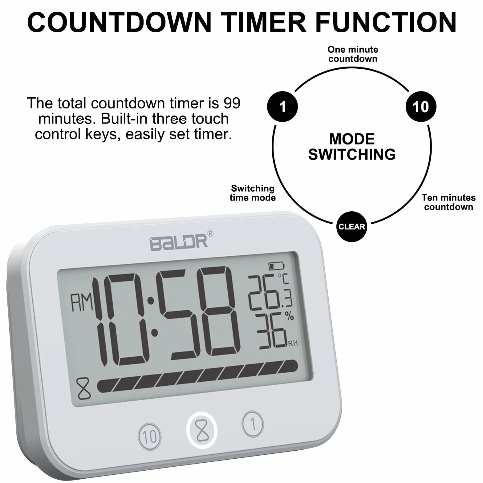 Reloj de baño digital, IP54 impermeable reloj de ducha con temperatura y humedad, temporizador de cuenta regresiva de 99 minutos con alarma, temporizador con 2 ganchos adhesivos y 2 ventosas