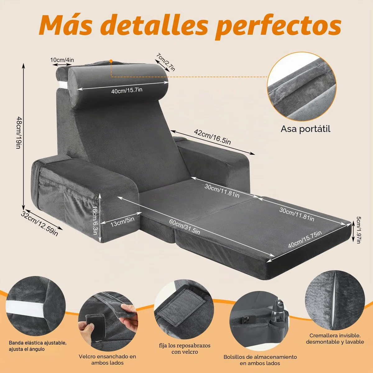 Cojín grande de lectura con reposacabezas y reposabrazos extraíbles, hueso de lectura para adultos con funda lavable de fibras largas, cojín ergonómico para respaldo de respaldo para leer