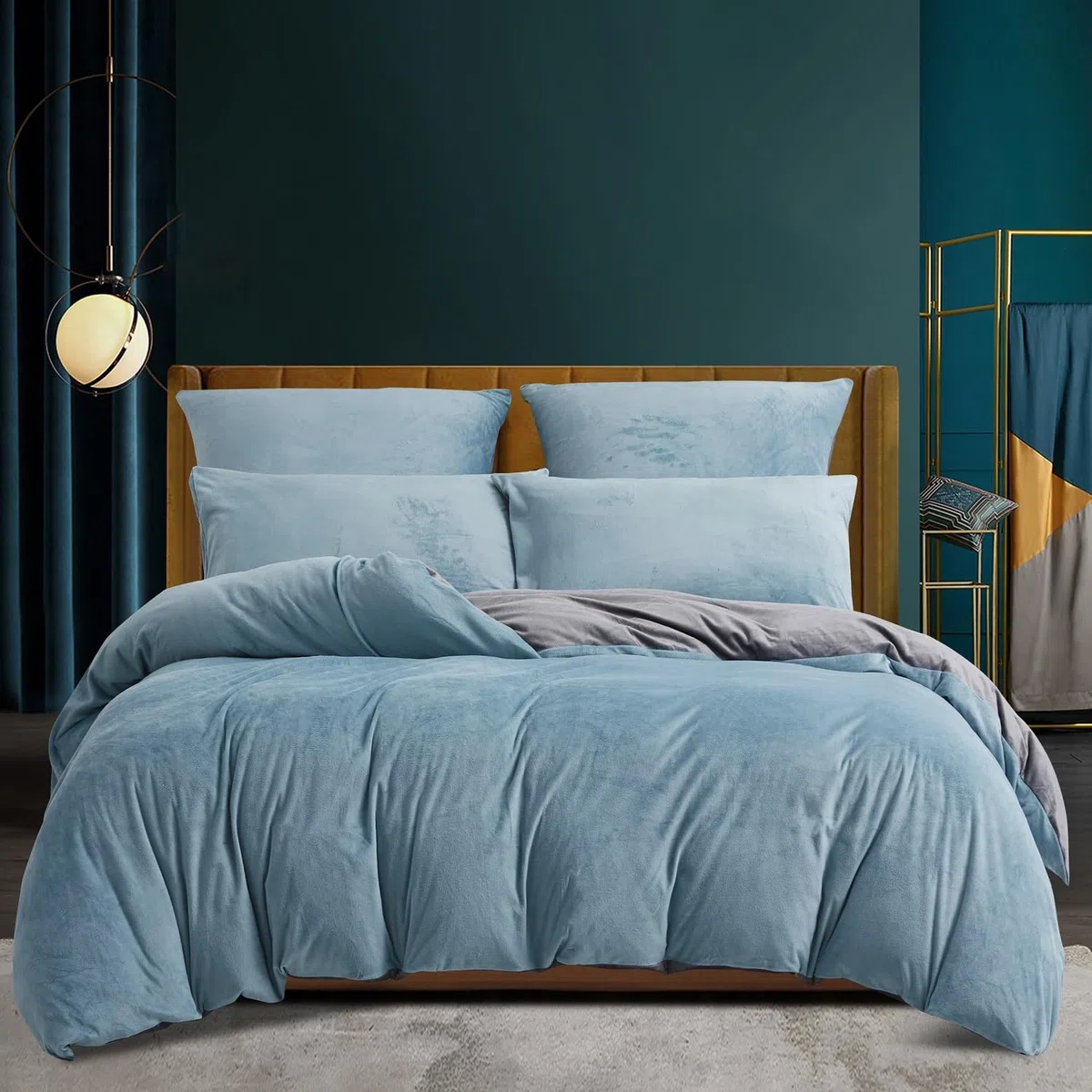 Funda de edredón de invierno de 220 x 240 cm, cálida de franela con tacto de cachemir de terciopelo azul claro y gris, suave con cremallera, ropa de cama de 2 plazas con 2 fundas de almohada de 65 x