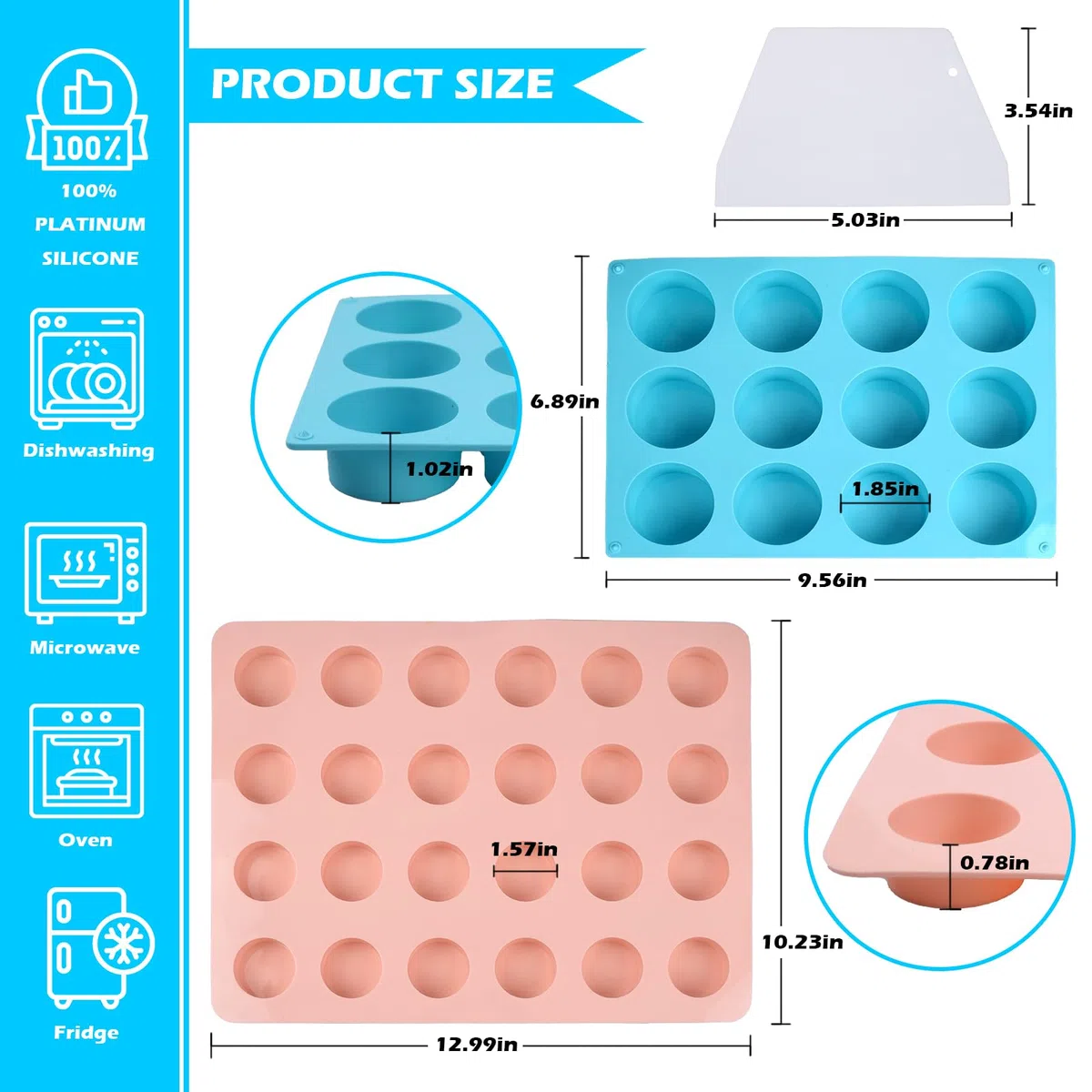 Juego de moldes de silicona cubiertos de chocolate de 2 tamaños diferentes, 24 cavidades y 12 cavidades redondas con 2 espátulas para núcleos de pasteles, postres de chocolate, pasteles