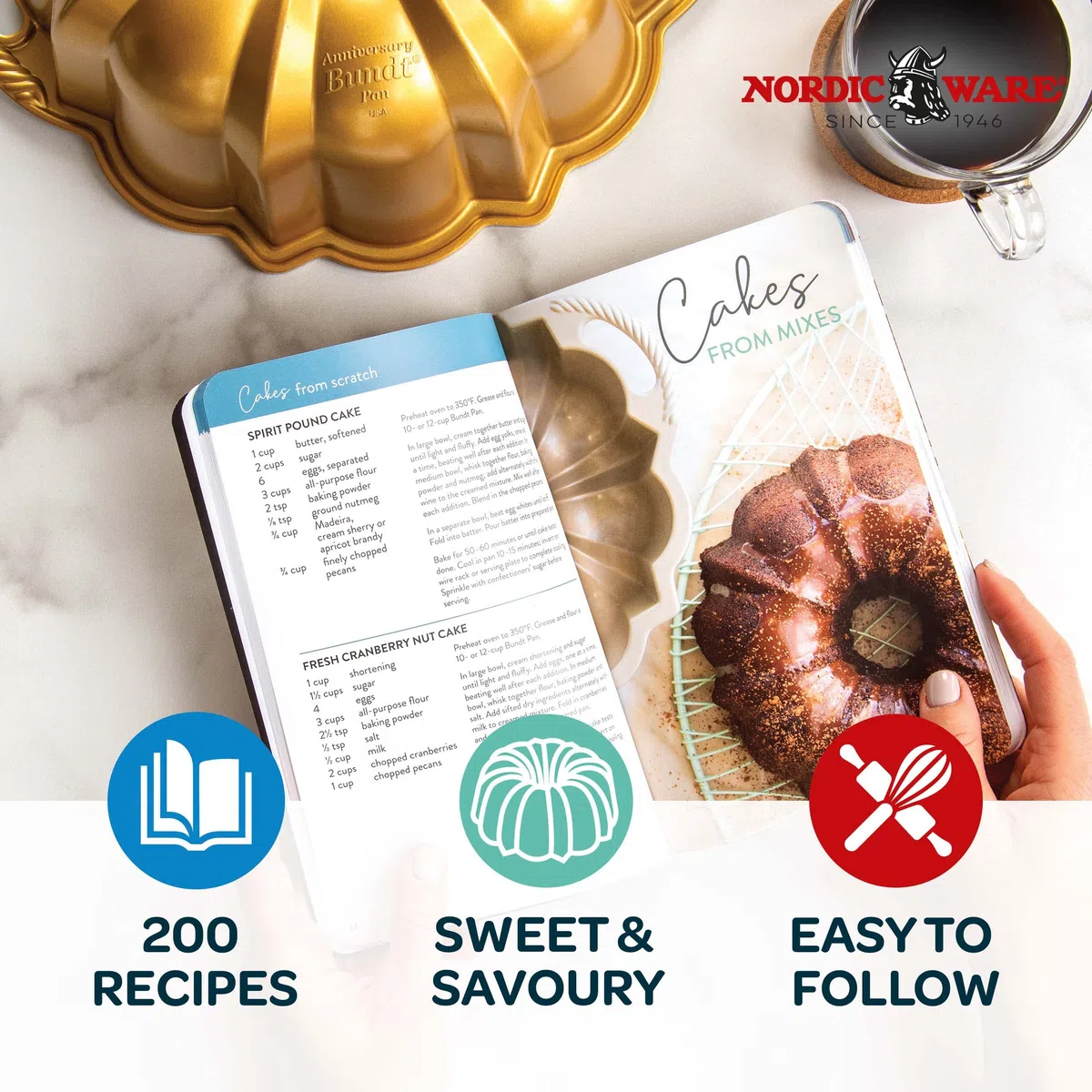 Nordic Ware Libro de cocina original Bundt, libro de cocina con recetas de pastel Bundt y más, libro de recetas de cubierta suave al tacto