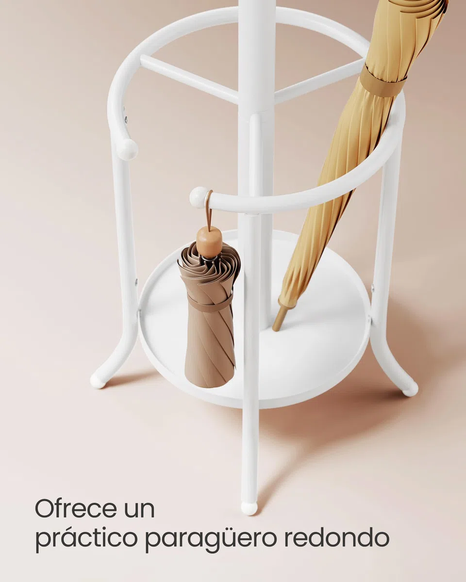 SONGMICS Perchero, Perchero con Paragüero, 12 Ganchos, Estructura Metálica, 175 cm de Alto, para Entrada, Salón, Dormitorio, Blanco Perla RCR011W01