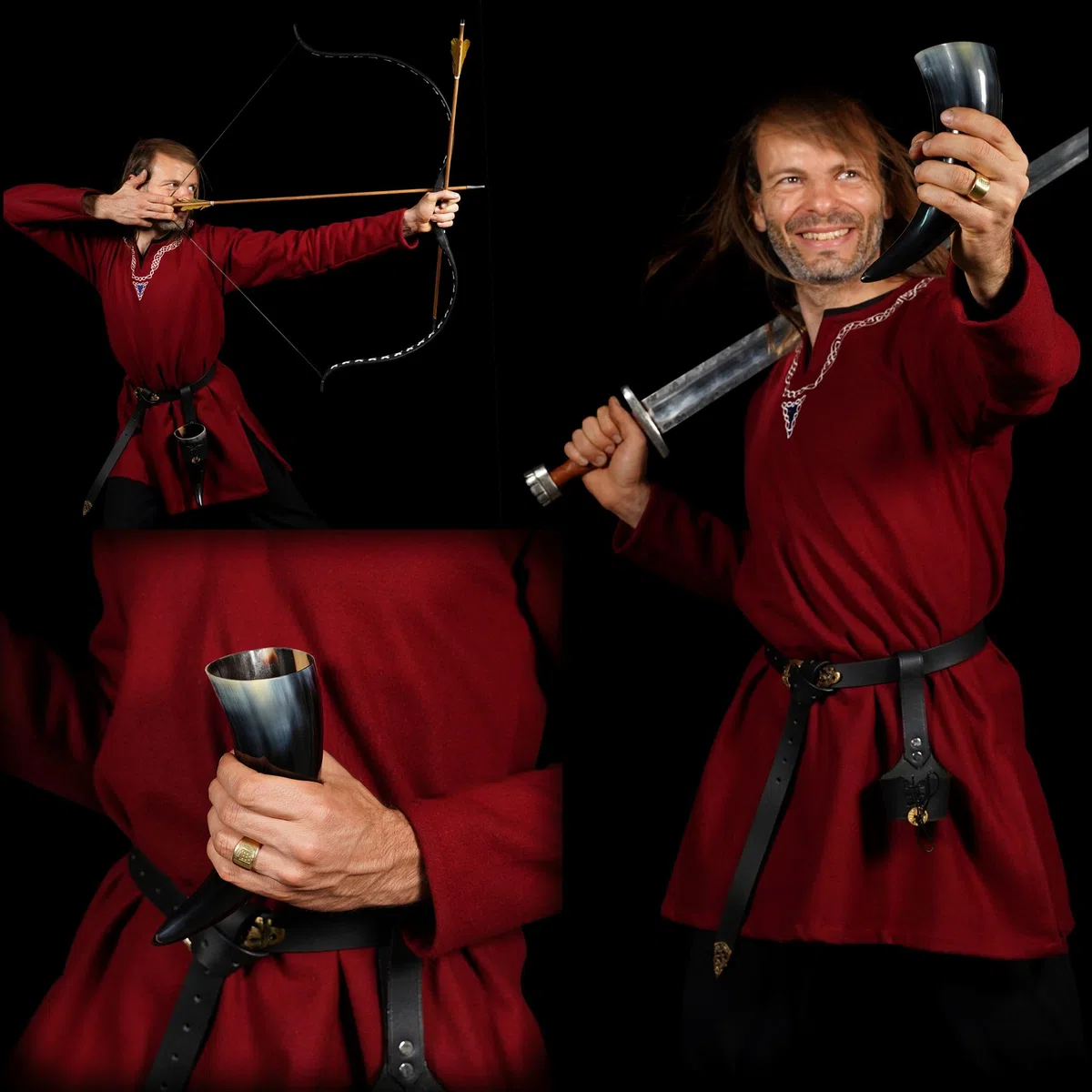 Mythrojan Cuerno vikingo para beber cerveza medieval negro auténtico con correa, taza de cerveza nórdica vikinga, 250 ml, réplica de 226.8 g