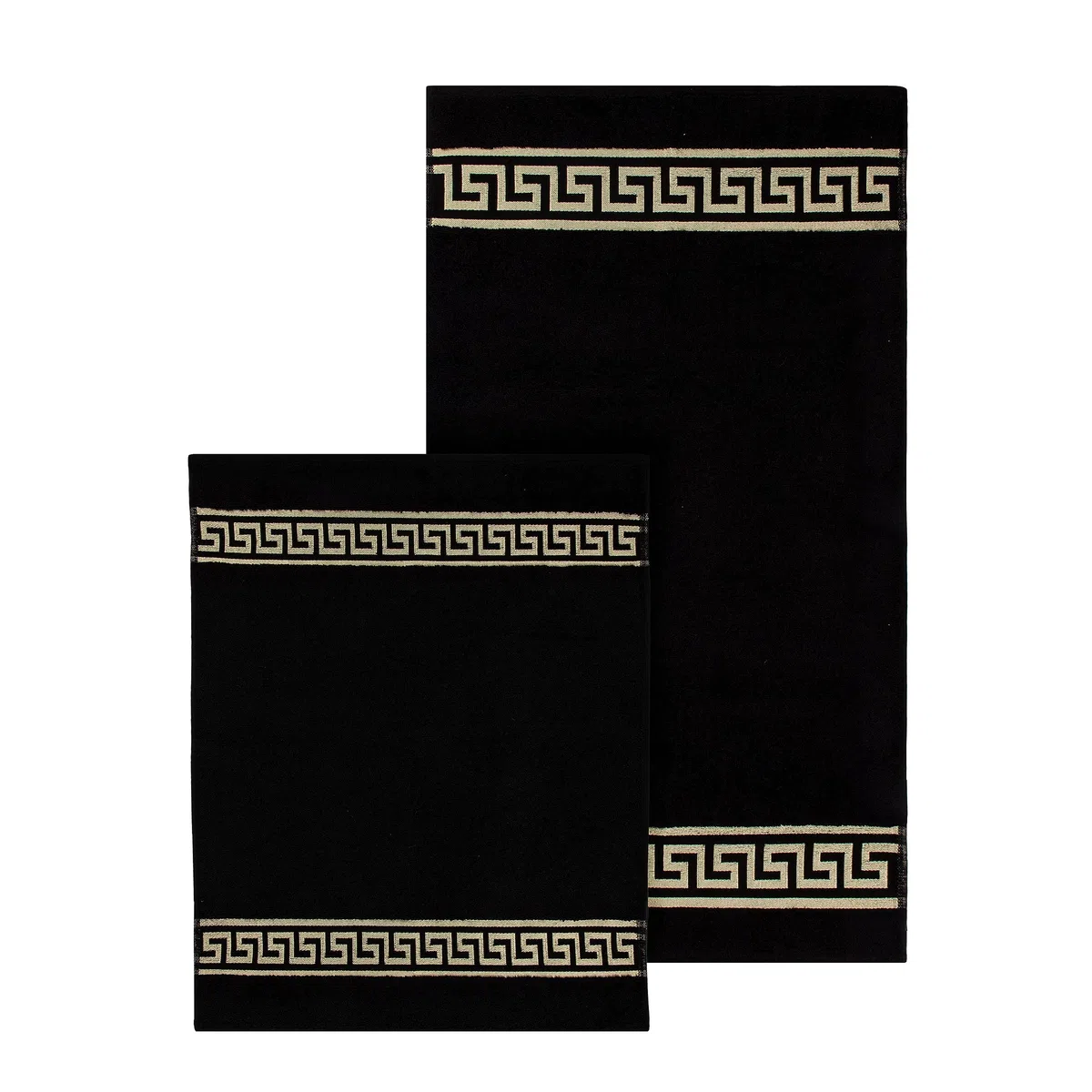Alfombrilla de baño de algodón en color beige, negro, blanco, dorado, con diseño de meandros (negro, juego de 2 unidades – 50 x 90 + 50 x 60)