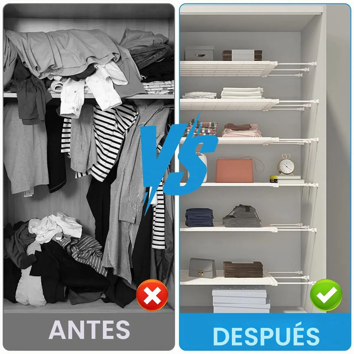 Organizador de armario apilable - Sistema de estantes ajustable sin necesidad de taladrar - Estructura metálica blanca para armario y cocina - Almacenamiento que ahorra espacio para baño y