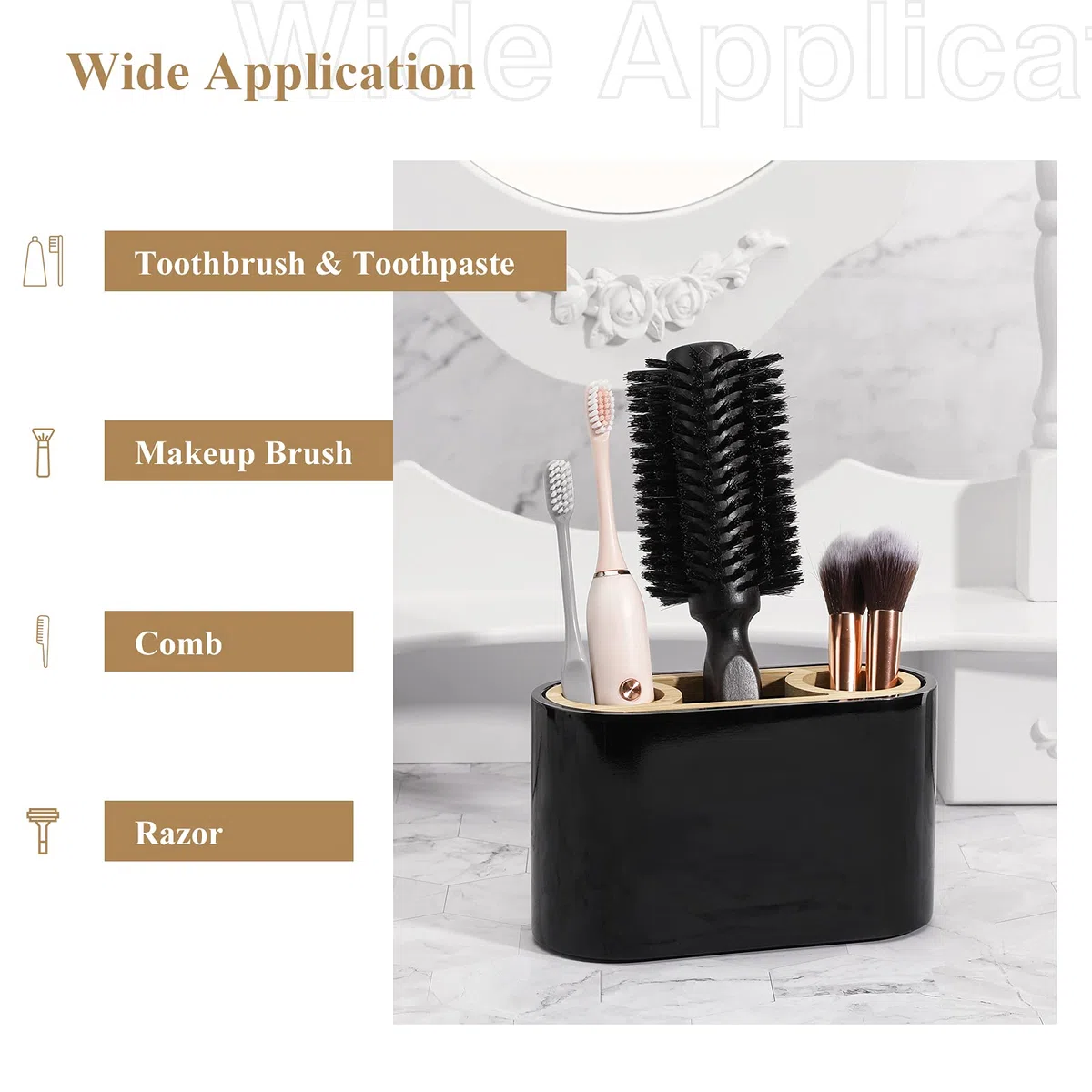 Shinowa Portacepillos de Dientes Organizador para Cepillo y Pasta con 3 Compartimentos, Resistente Soporte de Cepillo de Resina, Caja de Almacenamiento para Lavabo, Inodoro, Tocador, Negro