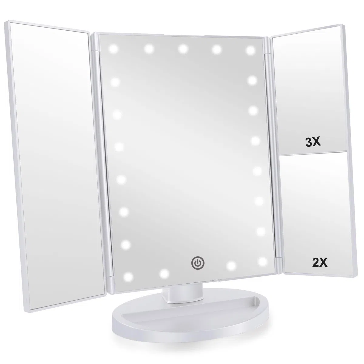 Infitrans Espejo de Maquillaje Tríptico con Aumento 1x, 2X, 3X, Espejo Cosmético Pantalla Táctil en Iluminacíon 21 Led, Adjustable 180º (Blanco)