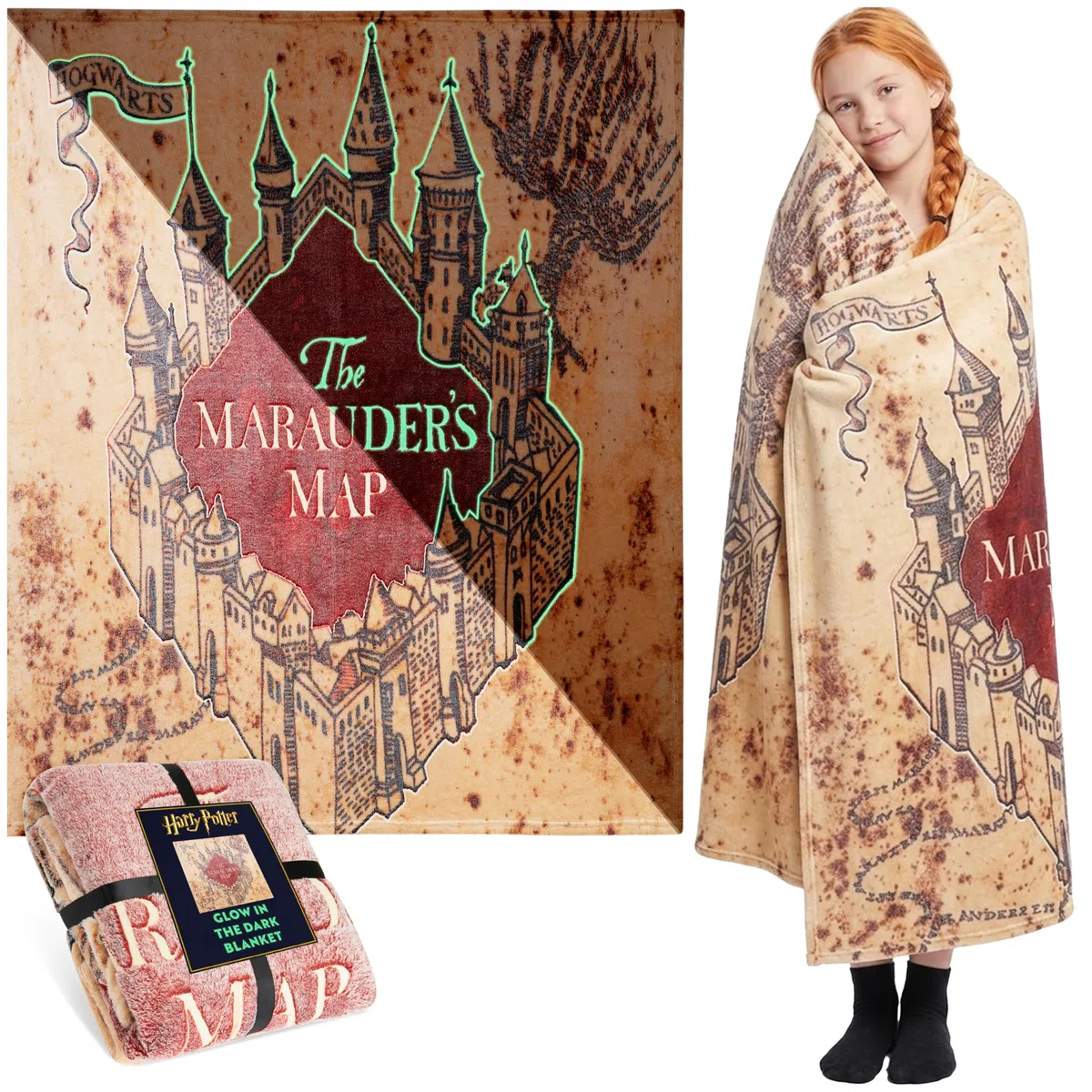 Harry Potter Manta Que Brilla en la Oscuridad 130x150cm con Mapa del Merodeador, Se Ilumina Tras 10–30 Minutos de Luz, Manta para Cama y Sofá, Hogwarts Regalos Originales