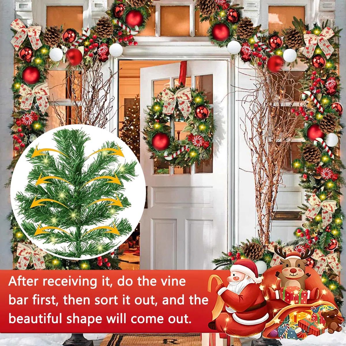 Guirnalda de Navidad 2.7m Artificial con 45 Adornos y 50 Luces LED - Decoración Navideña para Interiores/Exteriores y Patios