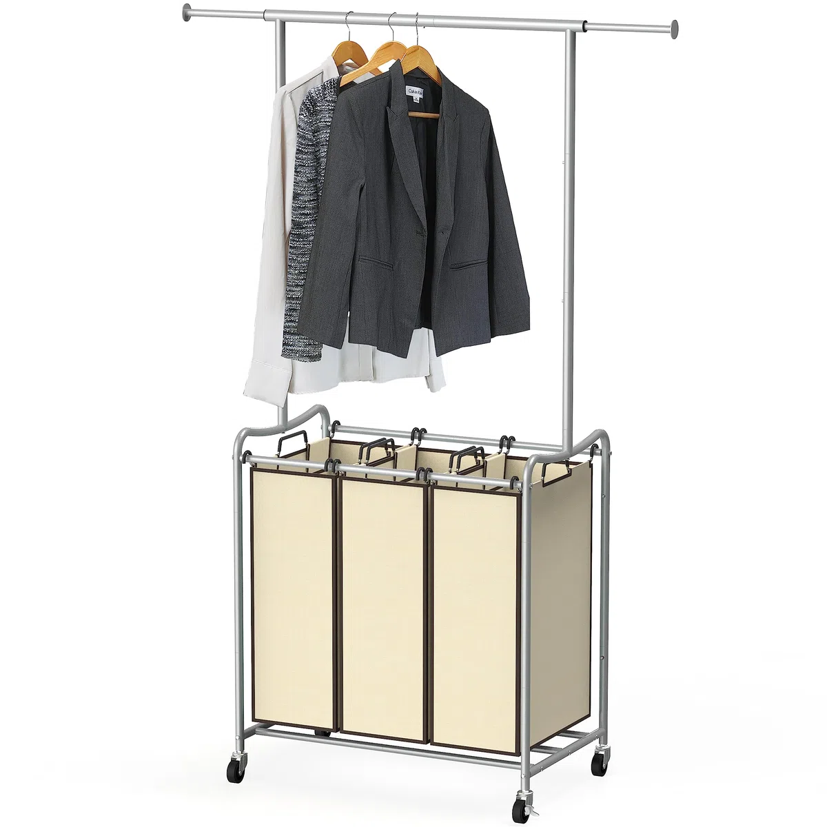 DecoBros - Carrito clasificador de ropa sucia de 3 bolsas con barra para colgar