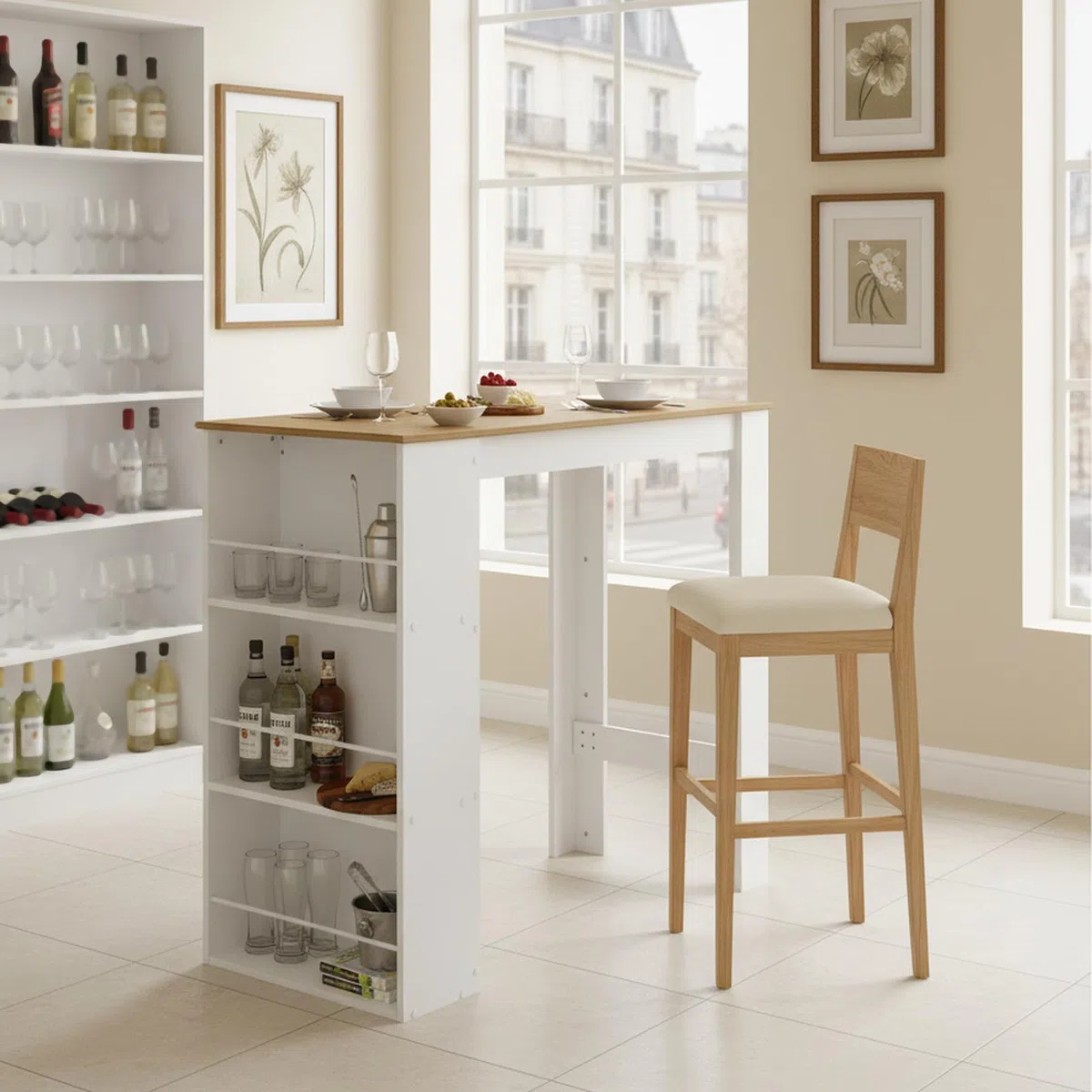 buybyroom Mesa de Bar con Espacio de Almacenamiento, Mesa de Bar de Cocina, Barra de Bar para Cocina, salón, Comedor, 112×57×106 cm, Blanco + Roble Claro