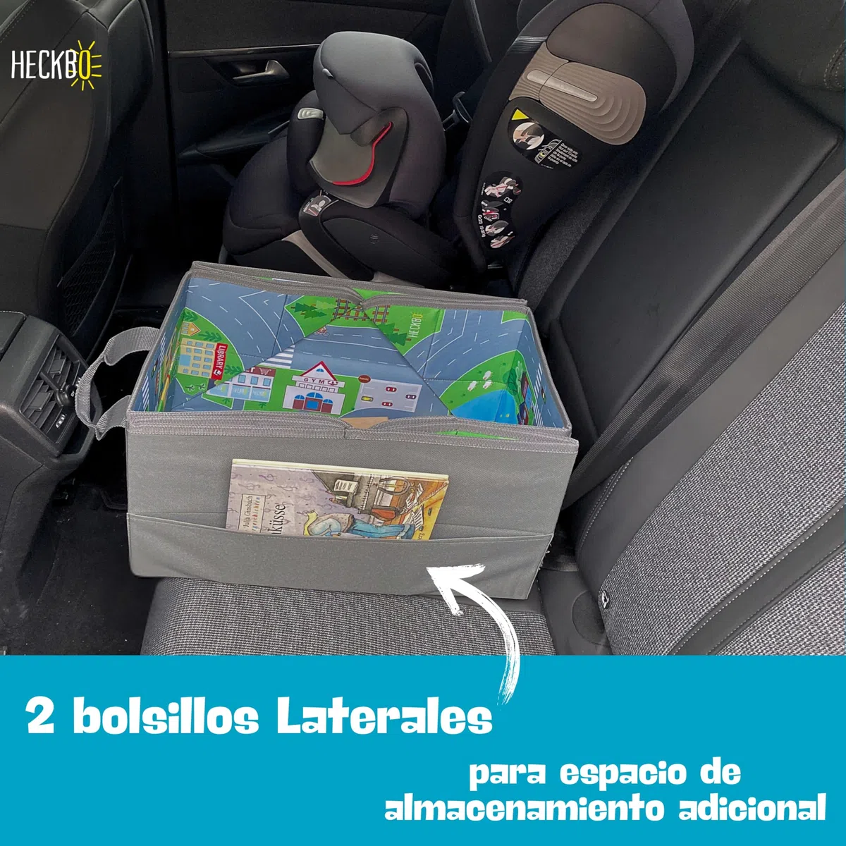HECKBO Organizador de coche y alfombrilla de juegos 4 en 1 - Caja para guardar juguetes infantiles - Alfombrilla de juegos plegable con motivos callejeros - Fijación segura en el coche, 91cm x 72cm