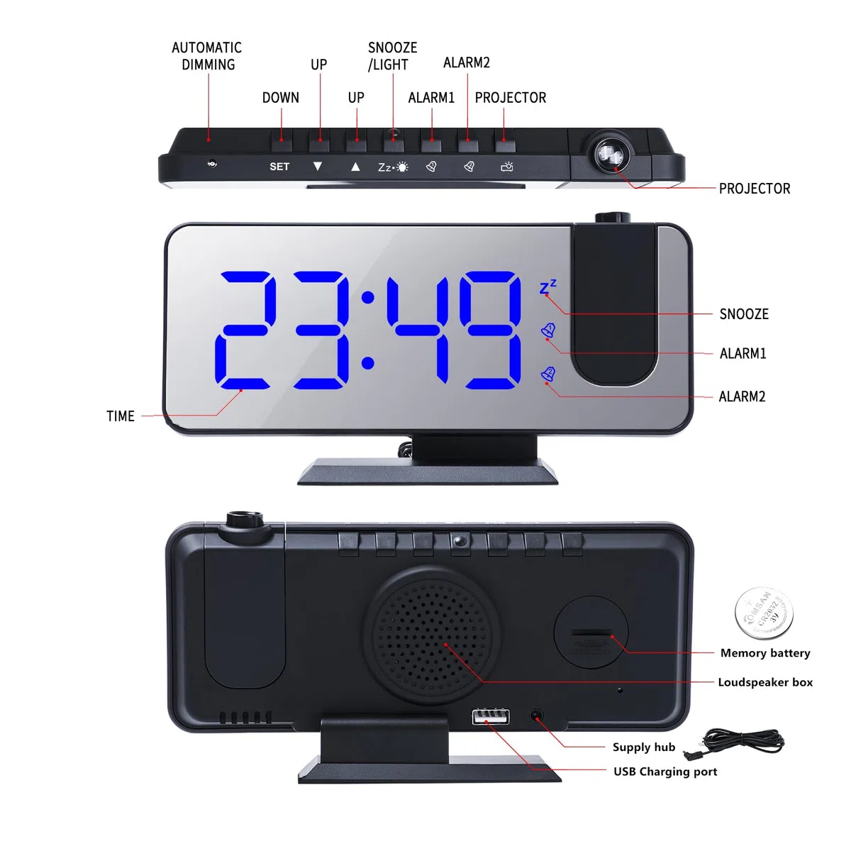 Despertador de proyección, Reloj Despertador Digital con Proyector con Temperatura y Fecha Pantalla Grande 4 Niveles de Brillo Modo Nocturno 12/24H,Puerto de Carga USB,Doble Alarma