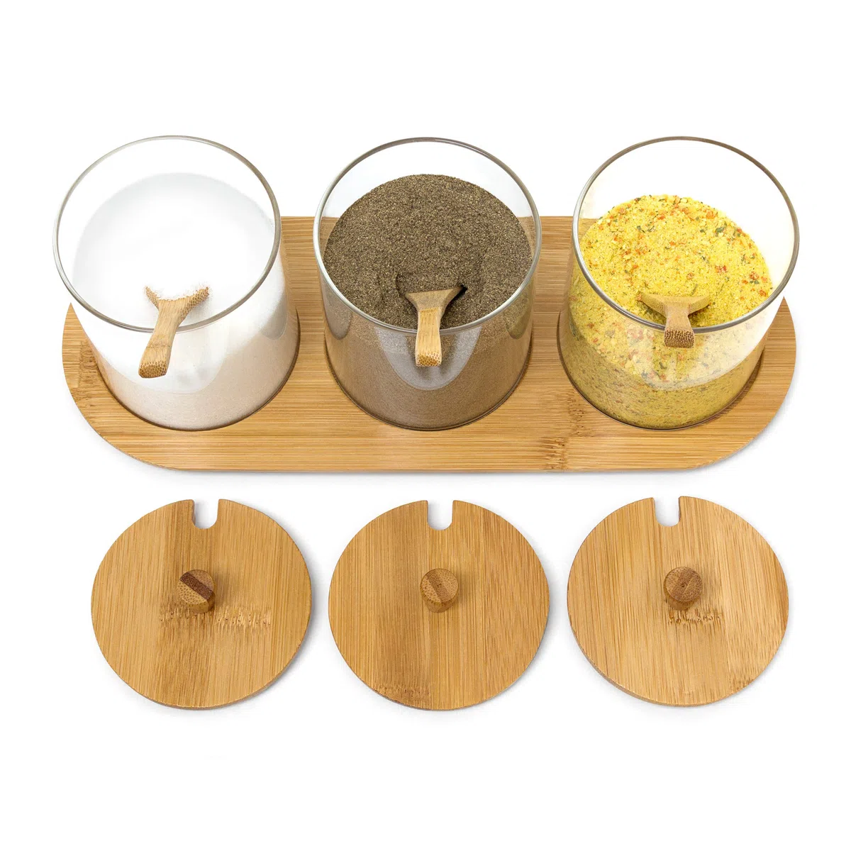 Relaxdays - Bandeja y contenedores para Especias Jiao, 12 x 31 x 12 cm, bambú y Vidrio, cucharas Tapas, Estilo Asiatico
