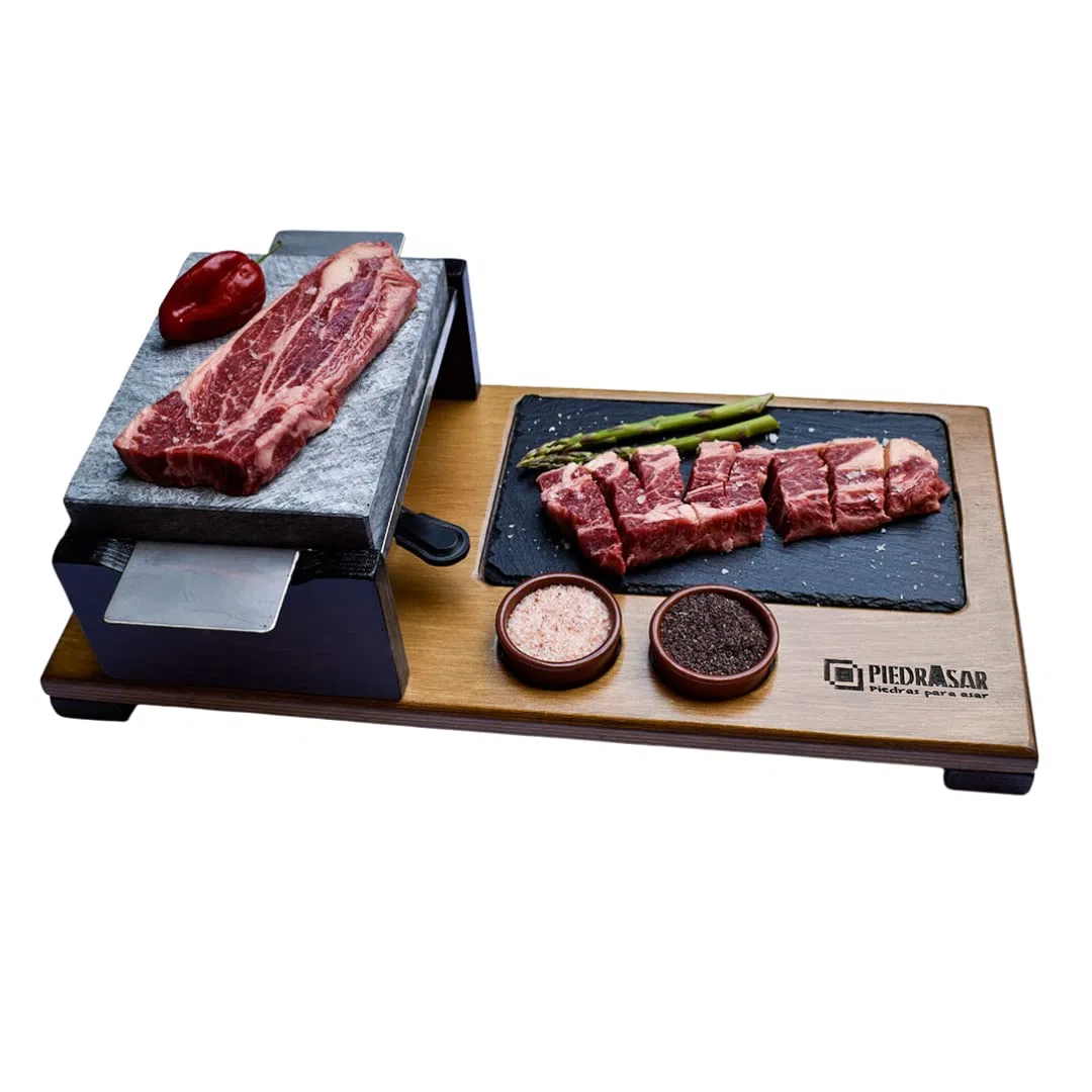 Piedra para asar carne de 15x20 con quemador y plato de pizarra Modelo deluxe