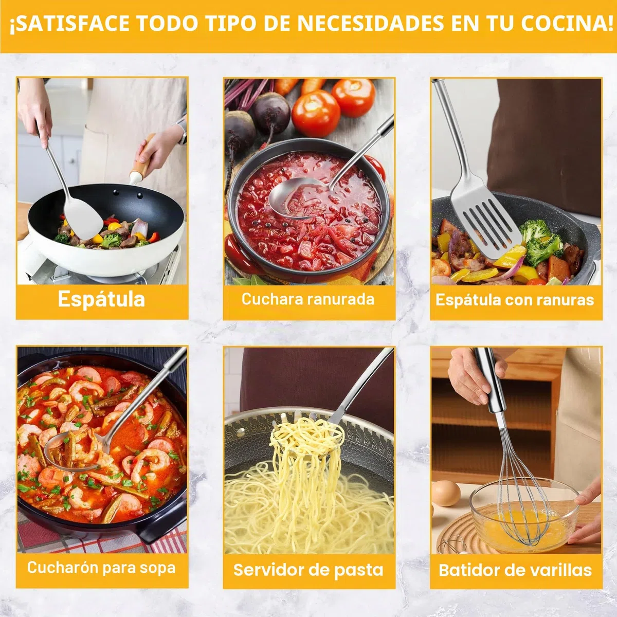 7 piezas utensilios de cocina acero inoxidable - mango para colgar, utensilios de cocina con 2 espátula, cucharón, espumadera, batidor, Cuchara para espaguetis, soporte