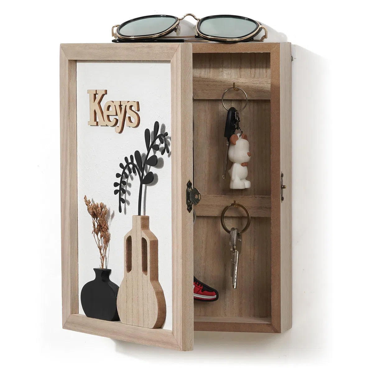 Caja para llaves de madera con jarrón 3D y flores secas, 6 ganchos para llaves, organizador de pared para entrada, pasillo, oficina, color blanco