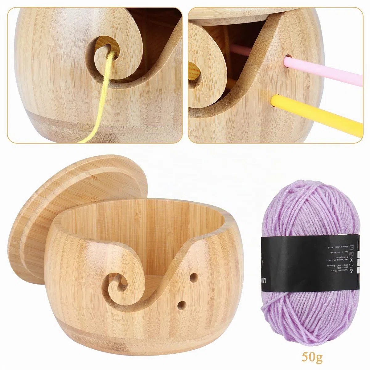 Coopay Tazón de hilo de bambú, cuenco para tejer, cuenco de lana de madera con tapa, soporte de hilo para tejer ganchillo, cuenco de lana para madejas de algodón circulares más pequeñas
