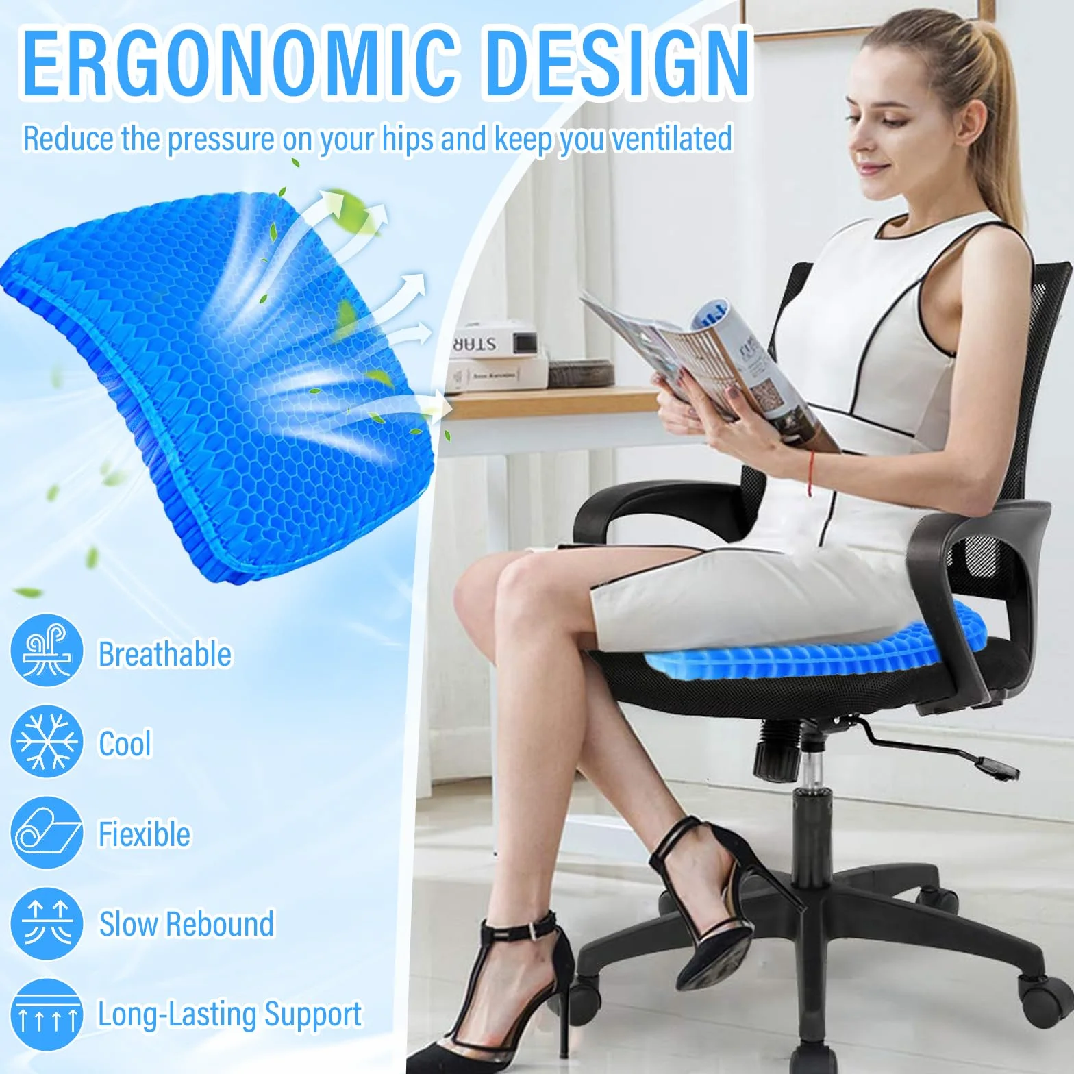 Cojin coxis Gel, Cojin antiescaras para Silla de Oficina Asiento para coxis ortopedico Apoyo Transpirable Cojin Ergonomico con Funda Antideslizante Cojín Postural para Coche, Oficina y Silla Ruedas