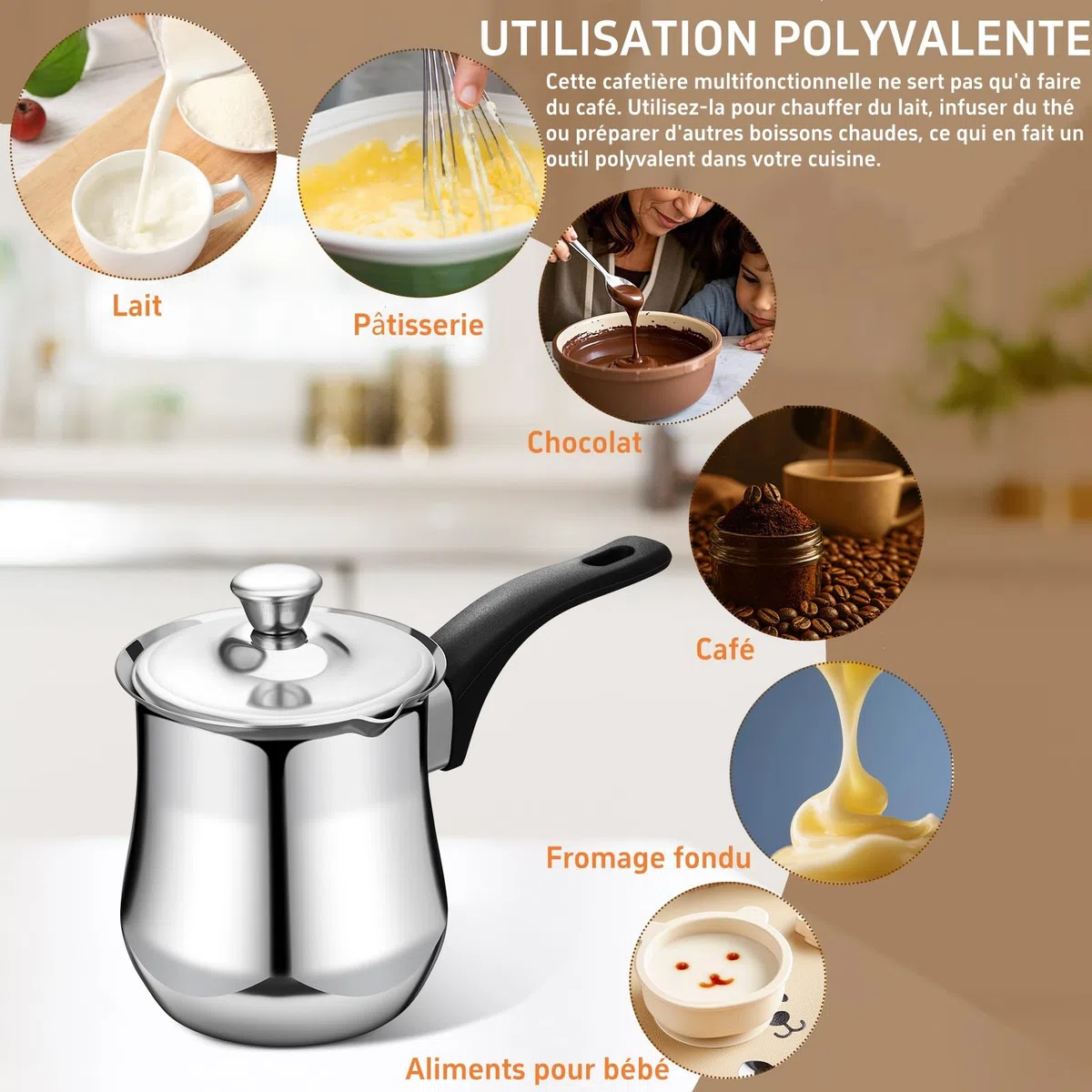 UKCOCO - Cafetera turca de acero con tapa y asa para preparar café té y leche compatible con placas de inducción y Stovetop
