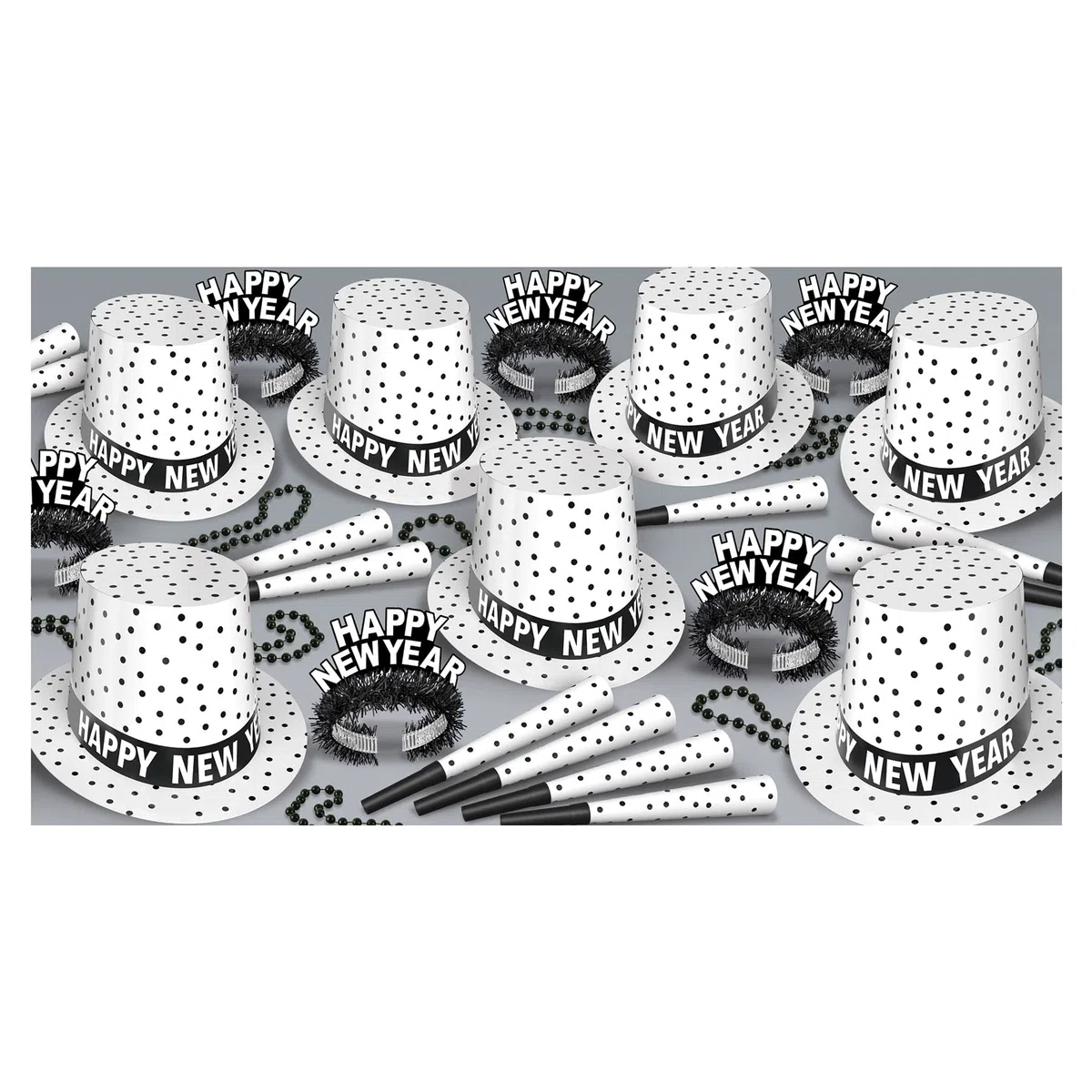 Beistle 80372-50 - Surtido de esmoquin para Nochevieja para 50 personas, suministros de fiesta, sombreros, tiaras, cuernos, cuentas, papel de plástico, negro/blanco