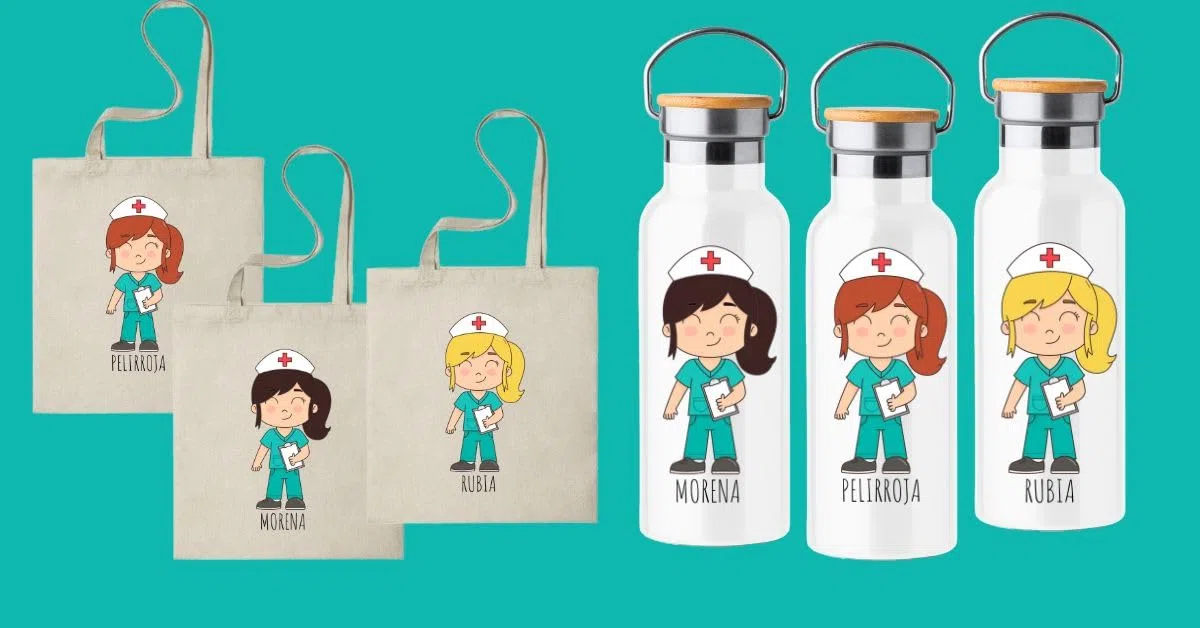 Pack Botella termica + Bolsa personalizada con ilustracion de enfermera, regalo para enfermera ideal, elige el color de pelo y el nombre. (Botella enfermera Morena personalizada)