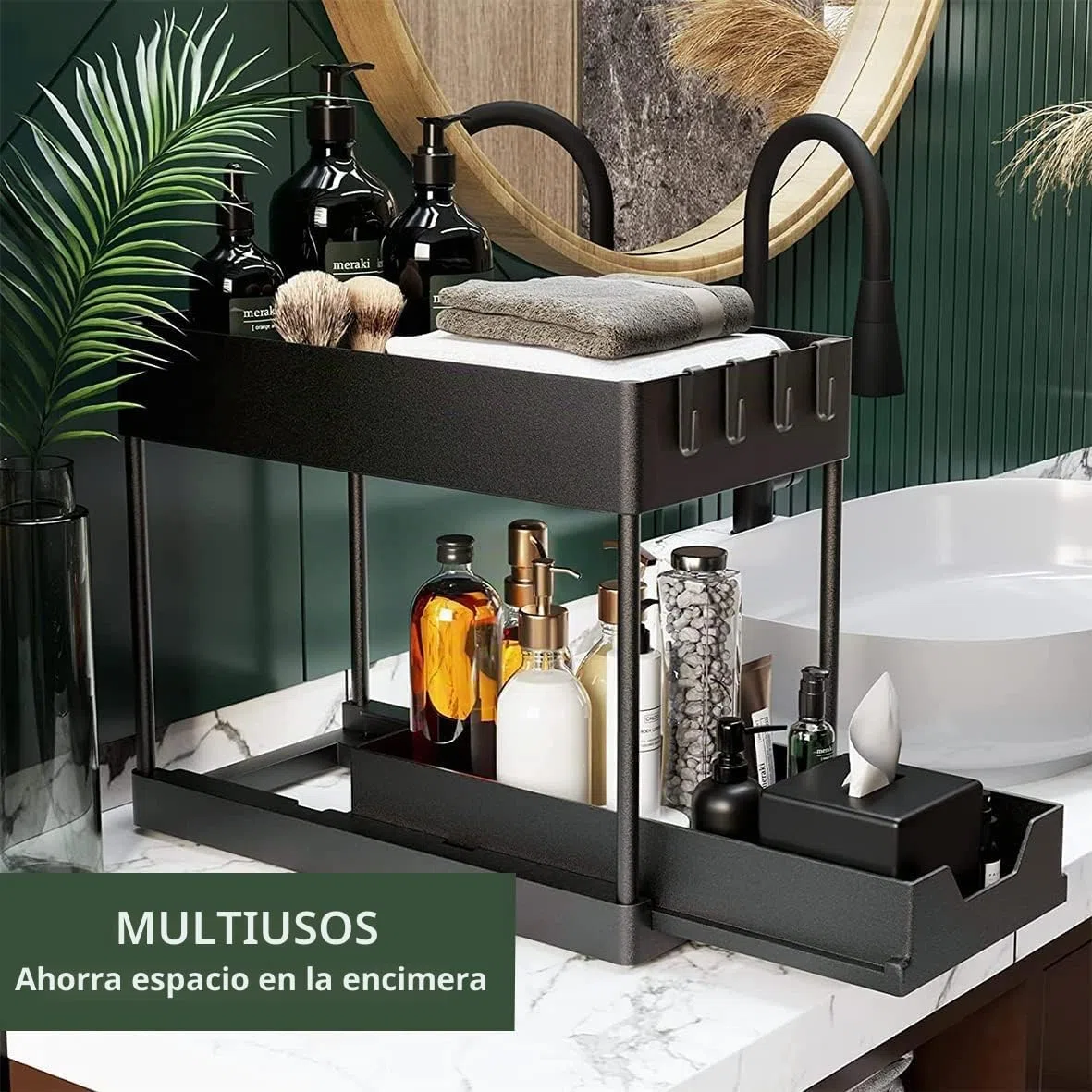 Bnimtm 2 Paquete Organizador Cocina, Estantería Bajo Fregadero, Estante Organizador Mueble Bajo Fregadero Cocina Lavabo（Sin Taza Colgante, Negro）