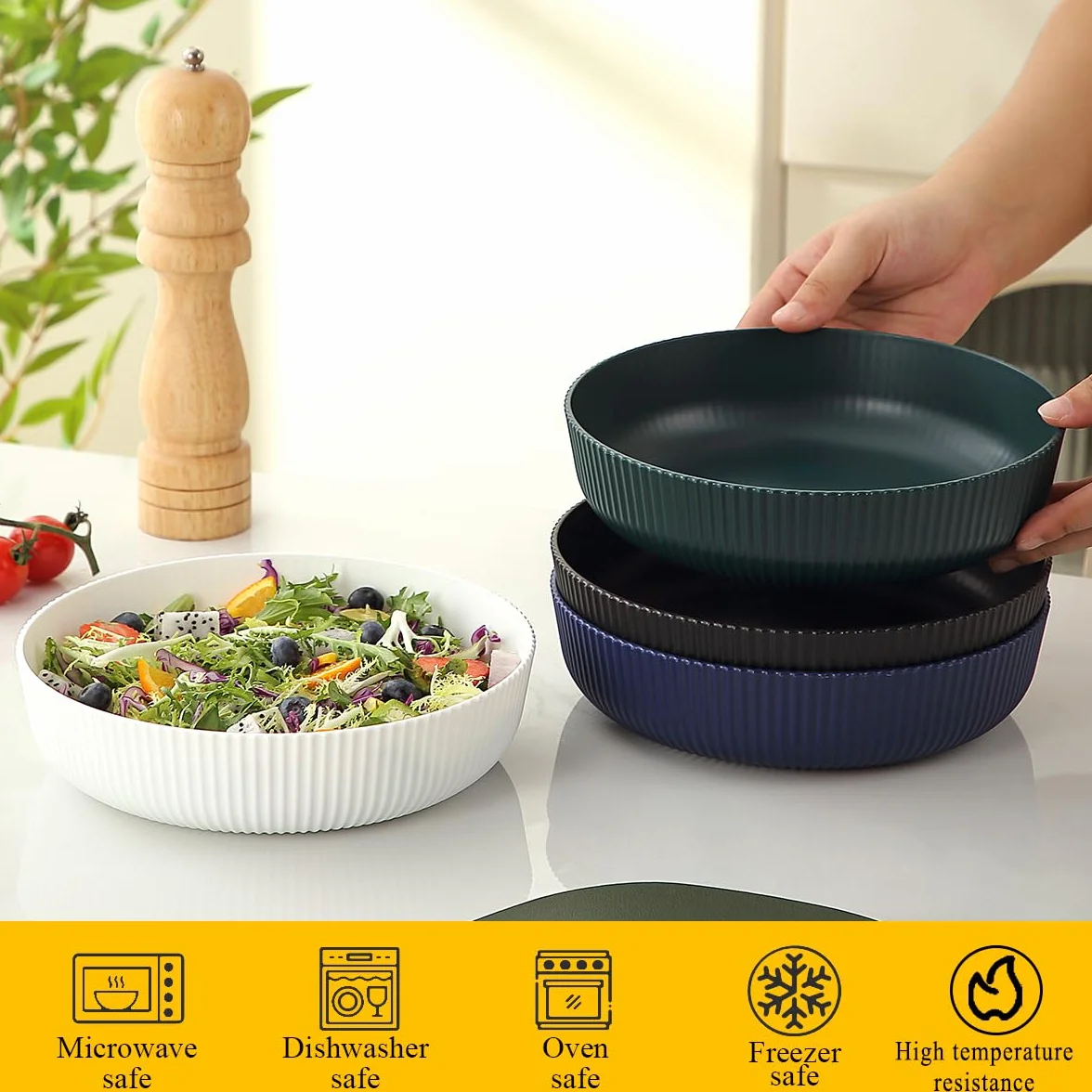 Berglander Set de 4 Cuencos para Pasta, Reutilizables 1100ml Plástico Inquebrantable para Sopa/Ensalada/Fruta, Ideal para Hogar, Restaurante, Exteriores, Picnics y Campamentos