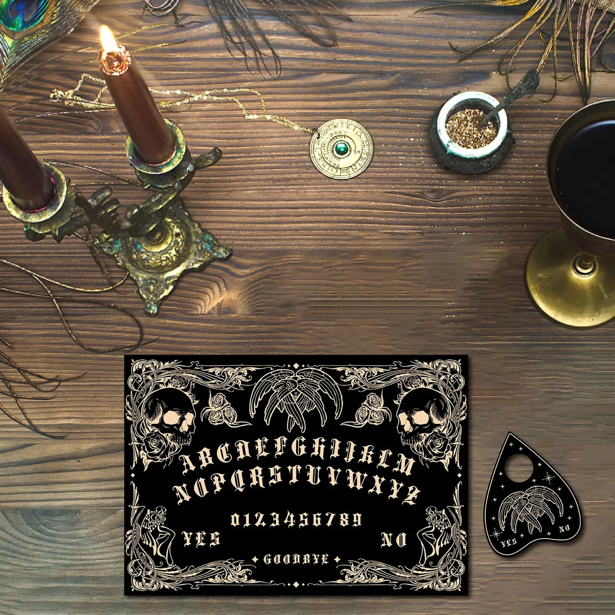 CREATCABIN Tablero Parlante de Espíritu de Madera con Diseño de Calavera, Tablero de Adivinación de Péndulo Rectangular Negro con Planchette Spirit Hunt Decor, Kit de Suministros de Mensajes
