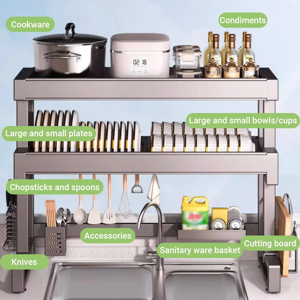 Escurridor de platos de acero inoxidable, soporte para utensilios de cocina, para almacenamiento y organización de cocina, para platos, vasos, cuencos y cubiertos
