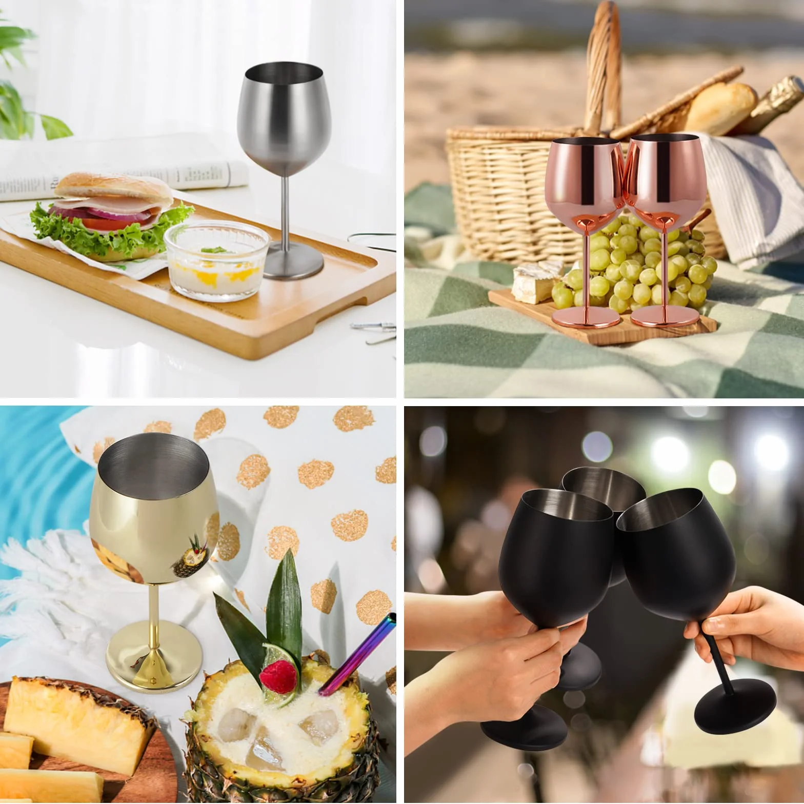 Lifecapido Juego de 2 copas de vino de acero inoxidable, copas de vino de acero inoxidable de 18 onzas, copas de vino de metal con tallo con cepillo para tazas para fiesta, oficina, boda, aniversario,