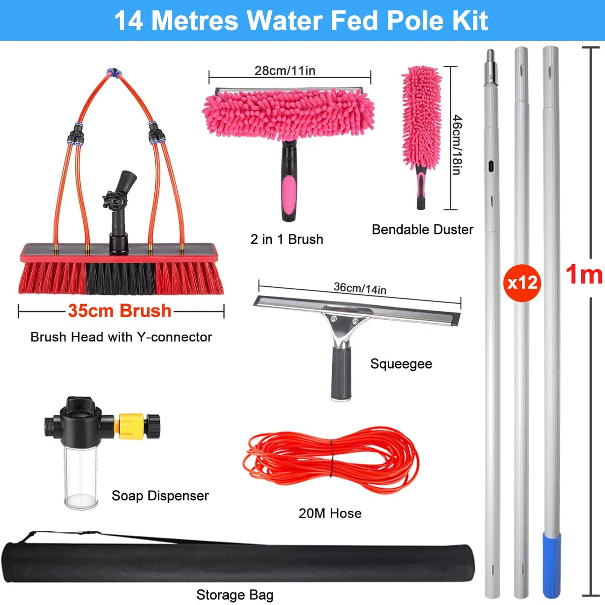 Kit de Limpieza con pértiga telescópica de 14 m: Cepillo con Suministro de Agua, rasqueta, Plumero, dispensador de jabón y Manguera de 20 m para Paneles solares, Ventanas, techos y
