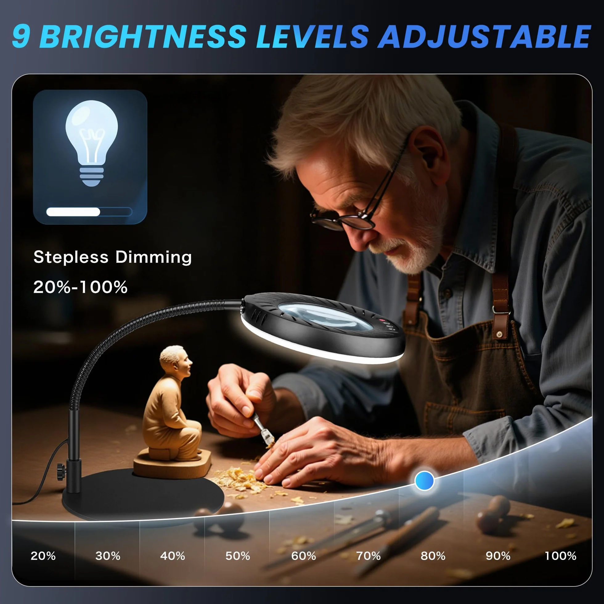12X Lupa con Luz y Soporte & Mordaza, Adaptador 2A incluido, 5 Modos de Color 9 Brillo, Lupa de Trabajo con 144 LED para Trabajos de Precision Modelismo Pintura de Miniaturas Lectura Coser, Negro