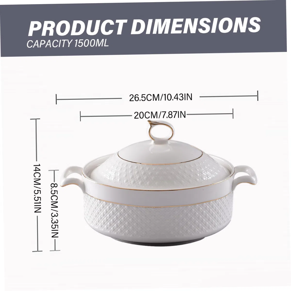 Cerámica de sopa de treen, 1.5L para servir blancos con borde dorado de doble manija tureen con tapa y cucharón para pasta, con tapa y cucharón