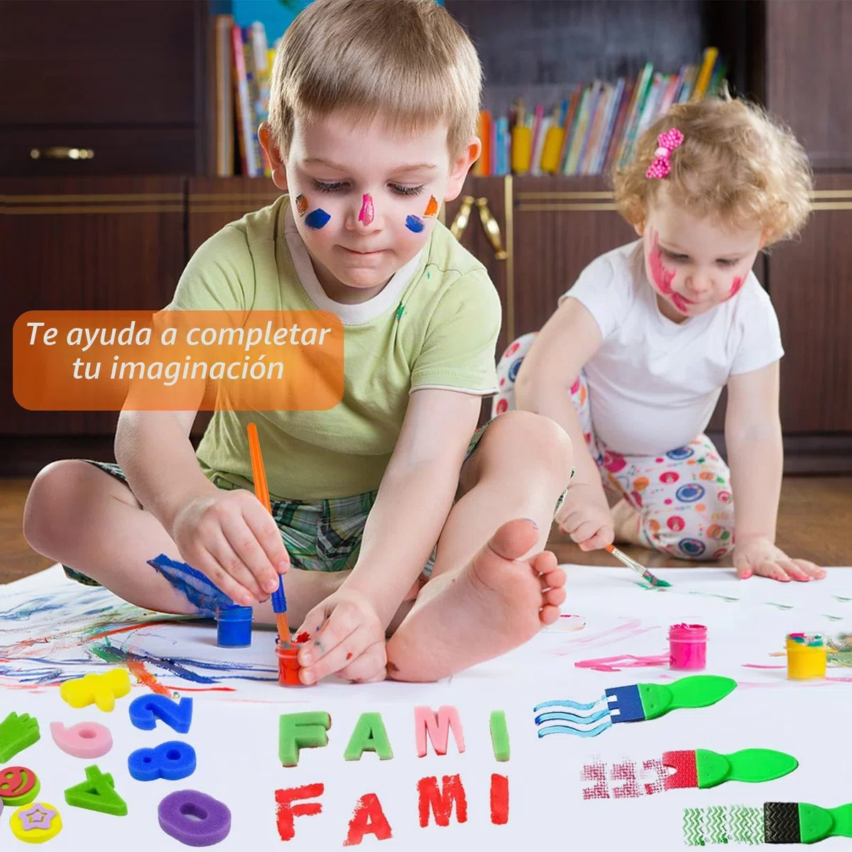 65 Piezas Niños Temprano Aprendizaje Esponja Pintura Cepillos Kit, para Niños Pintura DIY Artesanías, Incluye Pinceles de Esponja, Craft Pinceles y Delantal Impermeable con 3 Bolsillos