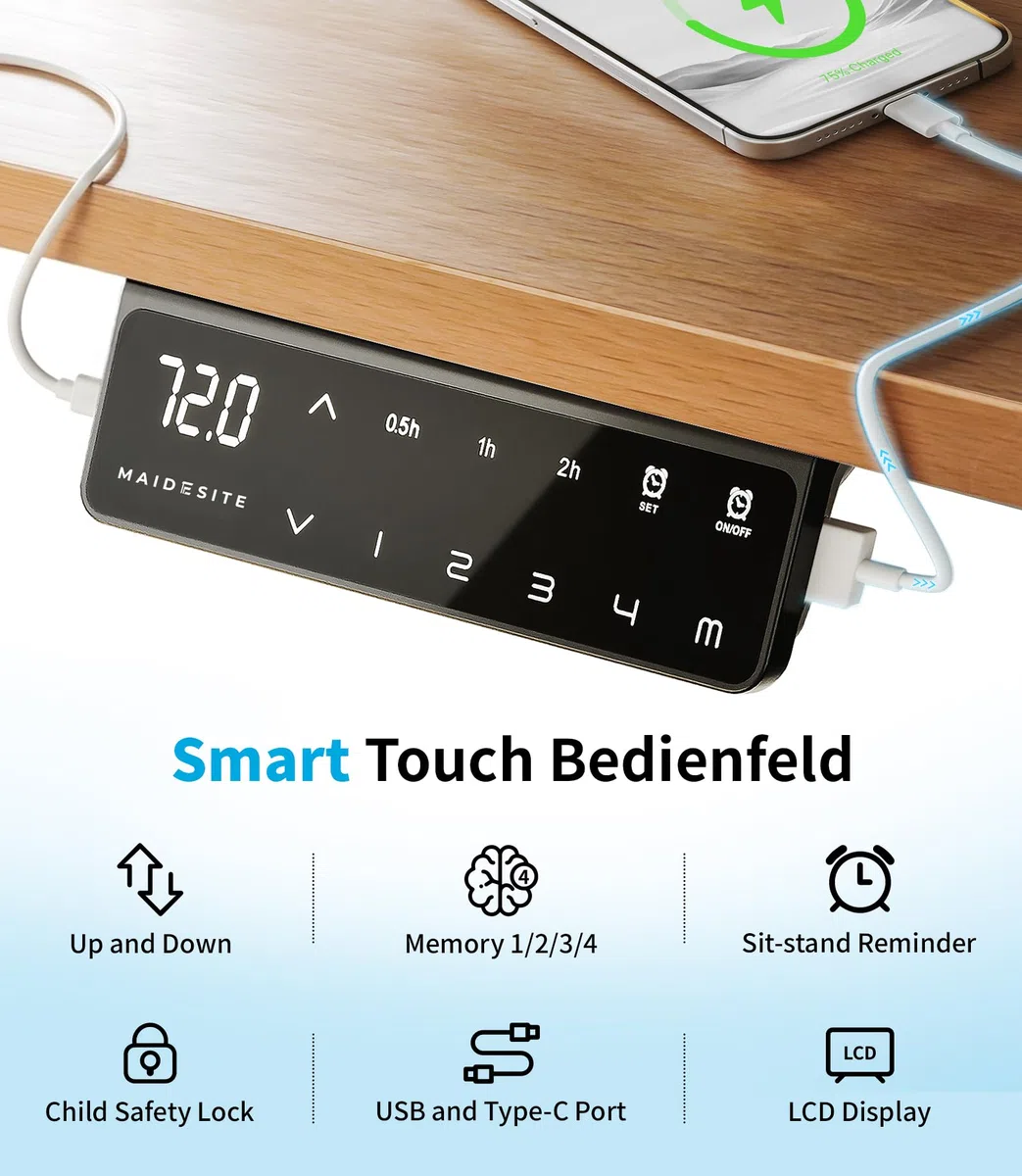MAIDeSITe Marco de Escritorio de pie Altura Ajustable Eléctrica Doble Motor 3 Sección Patas Telescópicas con tecla de Memoria Automática Inteligente(Negro) | Ajuste de 62-125cm, Doble Motor Silencioso (<45dB, 40mm/s), Carga de 160kg, Acero al Carbono y 4