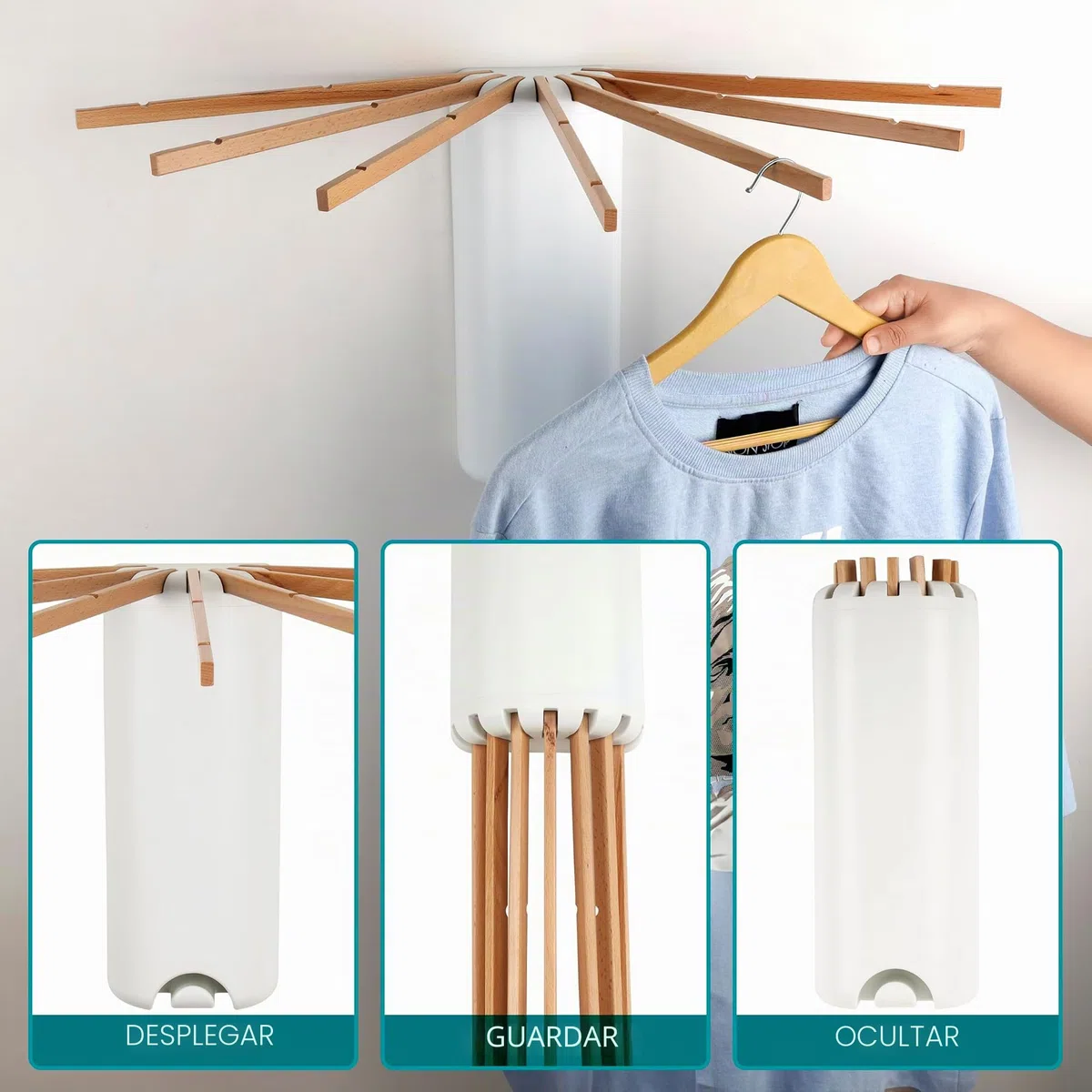 BELLE VOUS Tendedero Plegable de Pared - Tenderete Retractil con Brazos Colgantes de Madera para Secar Ropa en Interior o Exterior - Tendal Colgador Retráctil Extensible