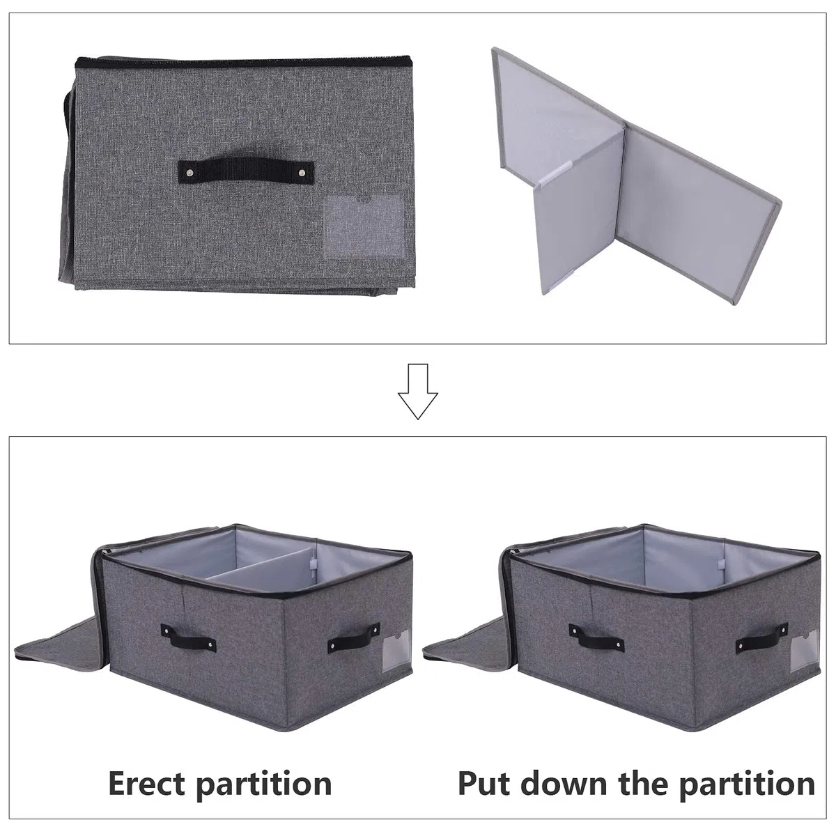 Cubo de Almacenamiento Plegable con Tablero Divisor, 4 Asas, Tapa con Cremallera Mantas Ropa Colcha Caja de Almacenamiento para Dormitorio Armario Estante de Armario, 52x40x26cm, Negro Gris