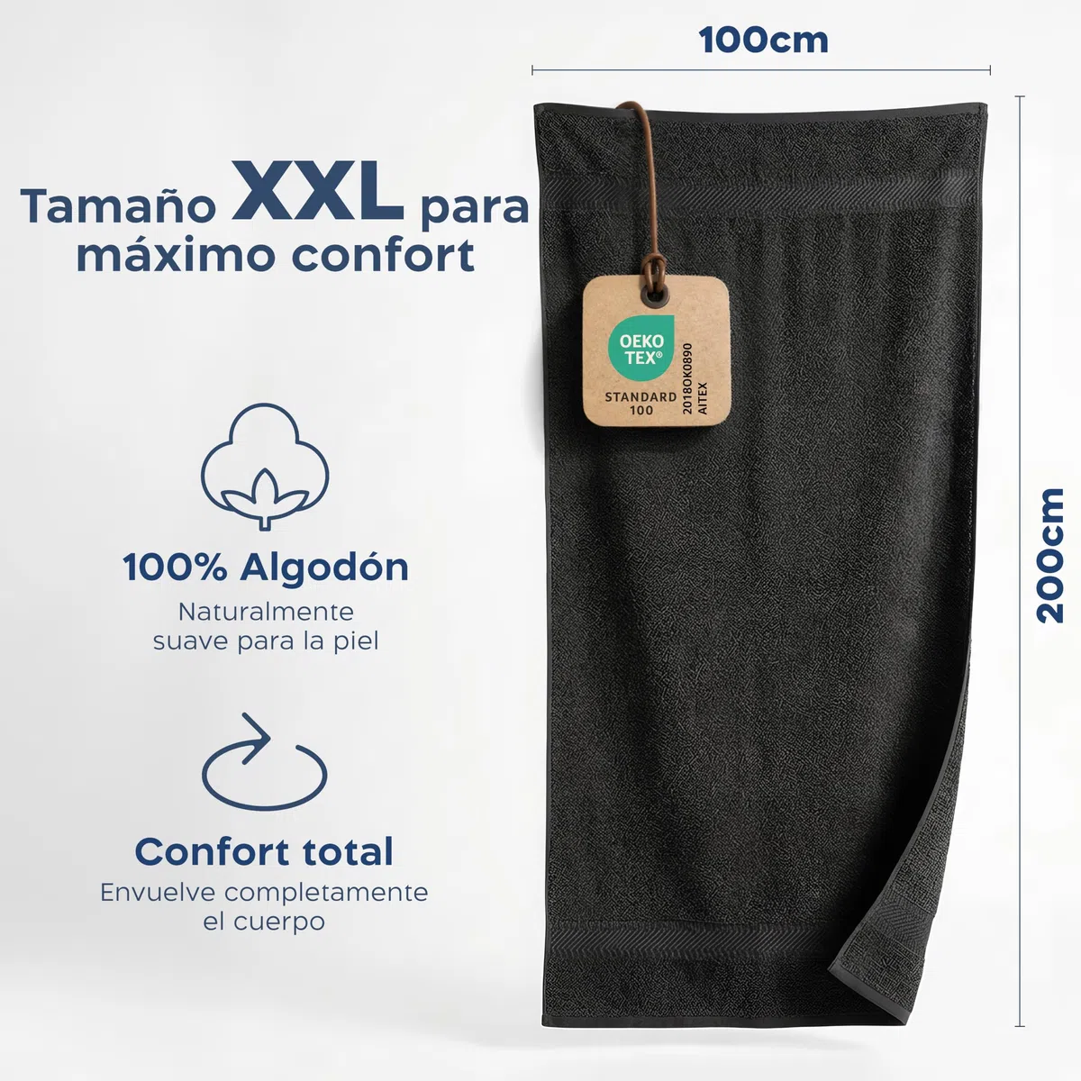 Twinzen Toalla de Baño Grande 100x200 cm – Toalla XXL de Algodón 100%, Absorbente y Suave, con Cinta para Colgar, Certificada Oeko-Tex, Antracita