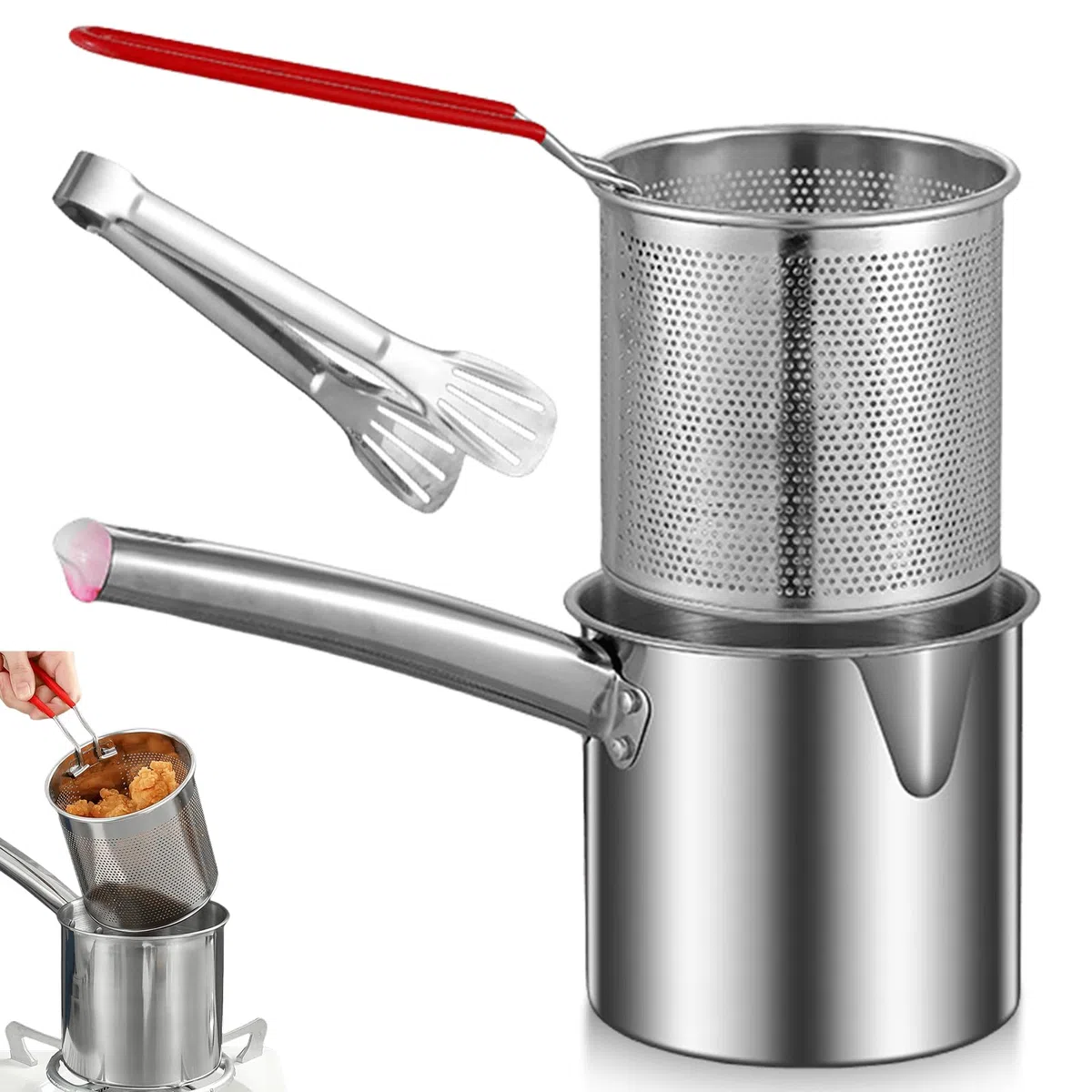 Olla para freidora de 1,8 l de acero inoxidable, recipiente para grasa con filtro de malla fina, olla con filtro de aceite, olla con tapa, olla para freír con cesta y pinzas de barbacoa para freír
