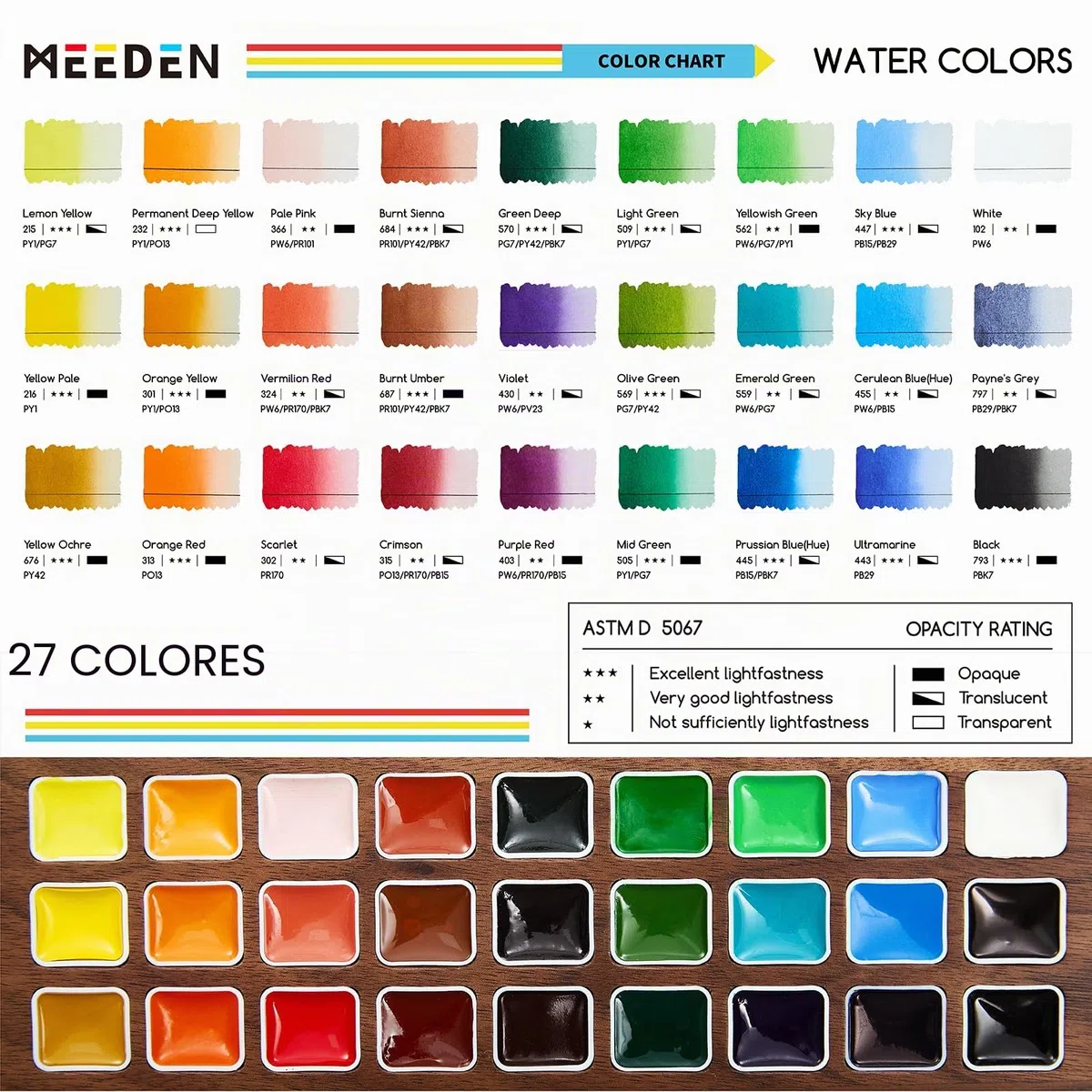 MEEDEN Juego de pintura de acuarela, colección de lujo de 27 colores con estuche de nogal negro, pinceles de pelo de ardilla natural y pinturas de grado artista, kit de acuarela de viaje perfecto para