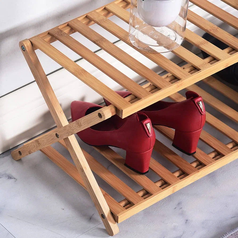 Zapatero de bambú de 2 niveles, zapatero plegable portátil, perfecto para pasillos, dormitorios y espacios pequeños